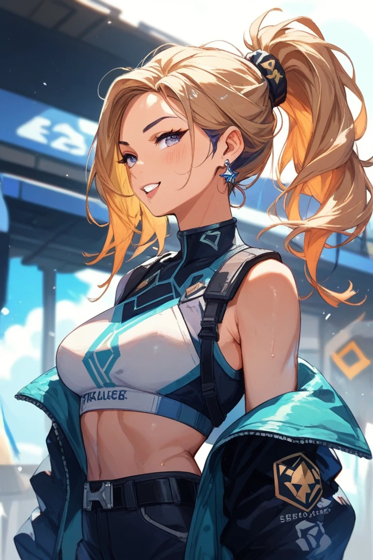 25-year-old Caucasian woman、Gradient color from blonde to purple、blue eyes、semi-long ponytail hair、I can see the belly button、My abs are cracked、Slender but well-proportioned muscular body、smile、Wearing an off-shoulder top with a logo printed on it、I&#39;m wearing short shorts jeans、Wearing high heels、Perspective looking up from below、smile、big chest, big ass