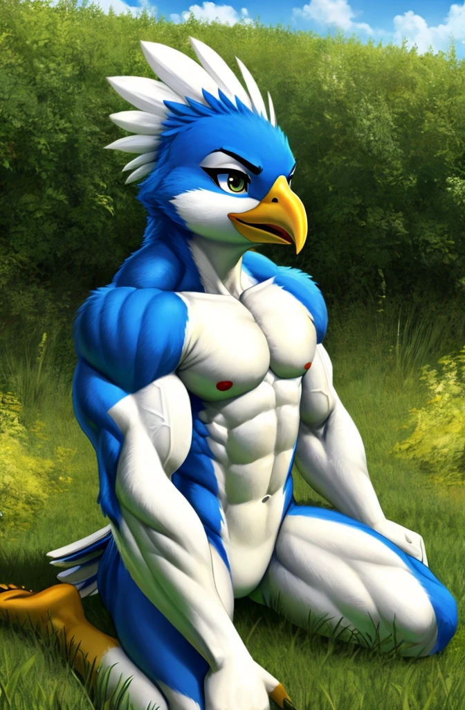 Solo, Furry, Anthro, Macaw, Male, E621, Standing, Muscular, Hands behind back, Wearing underwear, Plain background, Front view, By ksaiden