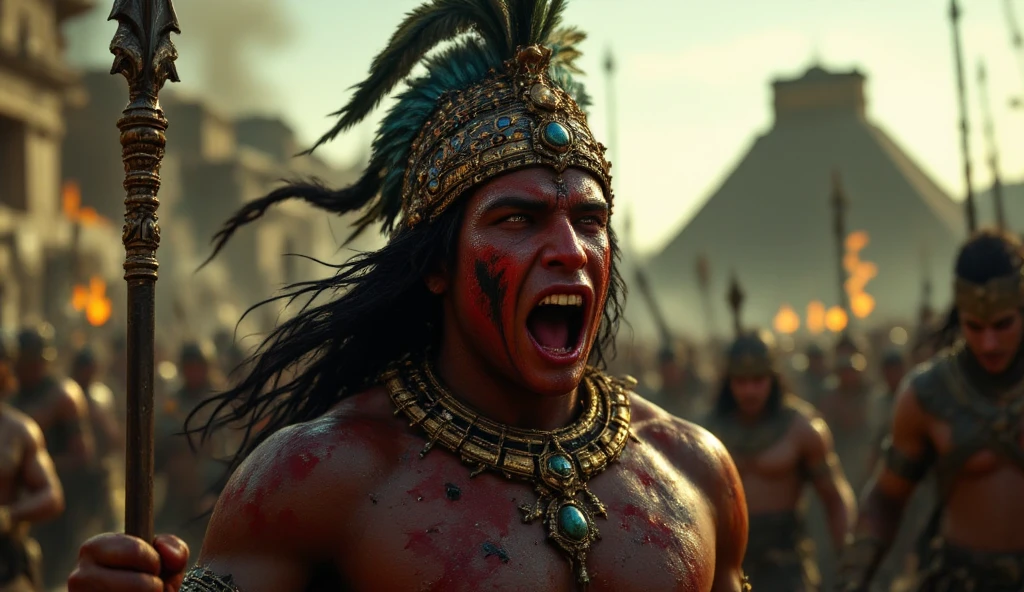 a man standing in front of a large group of people, cobra, skilled warrior of the apache, 2 0 2 1 cinematic 4 k framegrab, luis ricardo falero, pretty face!!, mexican warrior, johnny silverhand, age of empires, witch - doctor, hd movie photo, by joseph binder, made in maya, actor, inspiring, 8k, hyper realistic, vibrant colors, realistic textures, global illumination