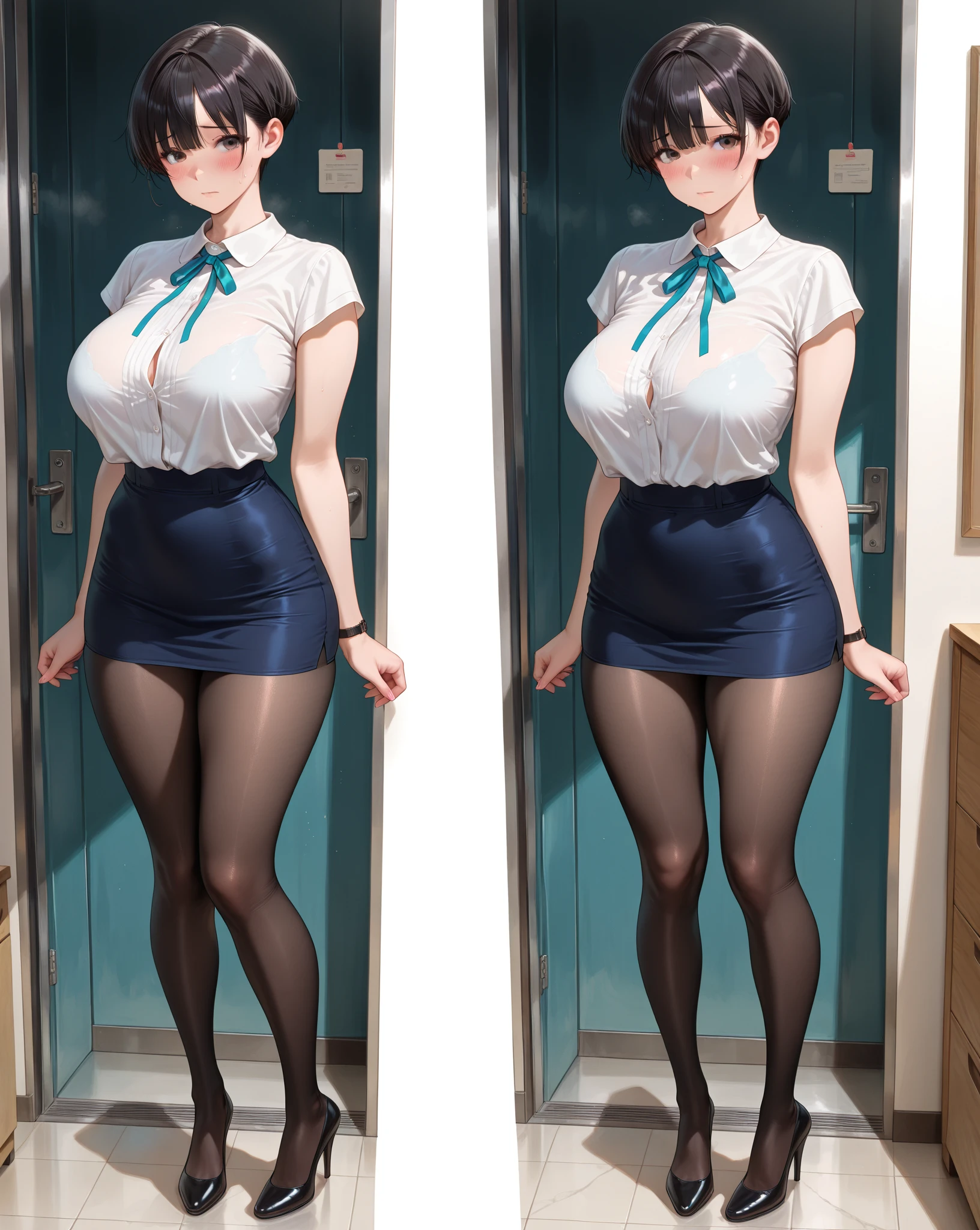 ((二人のIn underwearの女性がセクシーにOffice corridorを歩いているBack view:1.4), Beautiful Anime Women, Beautiful art style, Anime characters, ((Smooth texture, Realistic texture, Anime CG Style)), ((Highest quality)), (Very detailed), (Very detailed CG 統合 8k 壁紙), Very detailed, High-resolution RAW color photos, Professional photography, Brown Hair, Stylish hairstyle, Slender body, (Stunningly beautiful woman), (Office corridor, Many business people walking down the corridor, There is a window in the hallway:1.3), ((Black high heels), (Sexy and cute white underwear:1.3), (Stylish shiny white satin panties, Side tie panties, Black lace trim panties:1.3), (Thin panties:1.3), (White Micro Lace Satin Bra, White lace-trimmed bra, Thin bra:1.3), (lace garter belt, Garter string, Knee socks:1.3):1.3), naked, In underwear, In underwearのオフィスレディ, Exact number of arms, Exact number of legs, Perfect Anatomy, (Embarrassed expression, Surprised expression), Angle from the rear, Exact finger count、Exact number of legs、(Exact number of arms:1.0, Exact number of hands:1.0), (Perfect hands, Perfect Anatomy), (Back view:1.4)