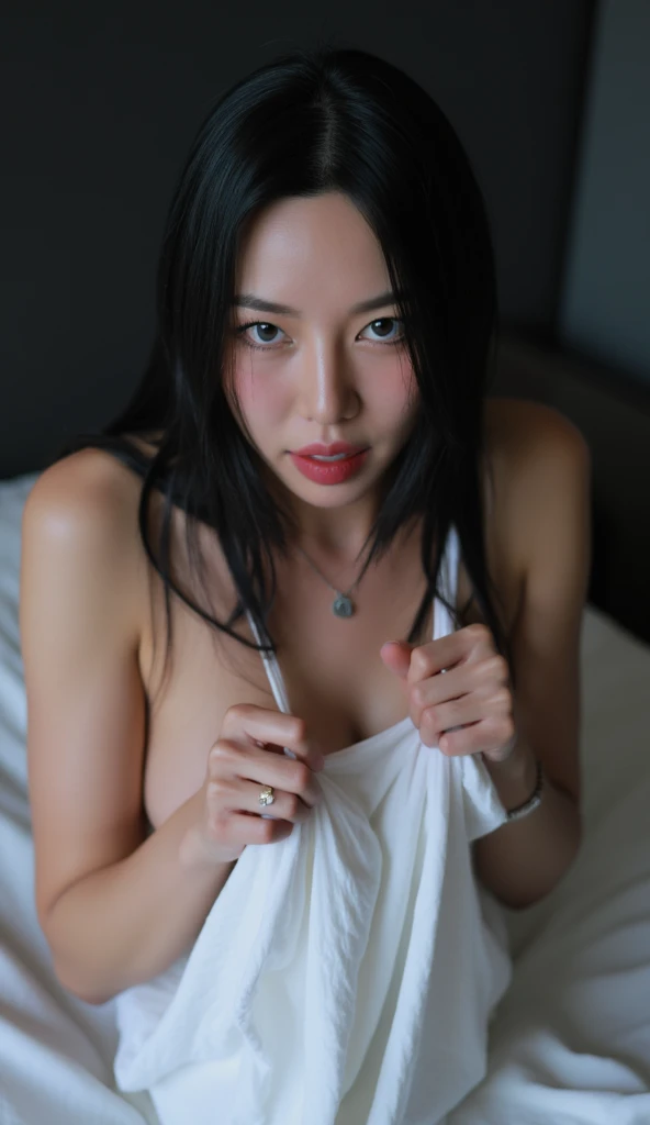 araffed woman with a big breast posing in a white shirt, tongue out, cindy avelino, violet myers, angelawhite, posing in a bedroom, solo photoshoot, bella poarch, sexy pose, portrait sophie mudd, sexy :8, basia tran, mai anh tran, asian girl, ayahausca, 2 4 year old female model