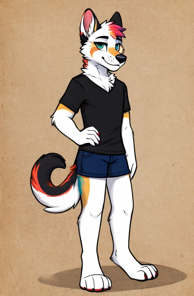 male, arctic wolf, detailed yellow eyes, thick big plain diaper with 4 tapes, slim, sly, glasses, big thick baby diaper, long tail, tshirt, happy