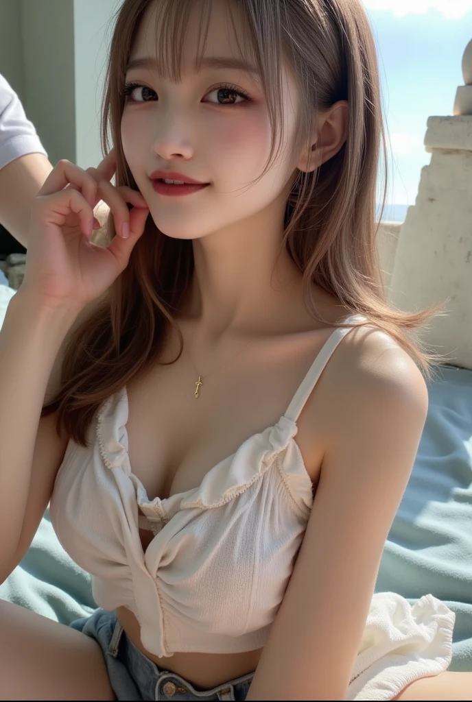 （The best product，High resolution，masterpiece：1.3），A sexy and beautiful Japan，slim body，（（side parted bangs，Brown hair，Fluffy wavy style））、Tie a ponytail、Beautiful and smooth G cup breasts、Show cleavage，wearing a pendant，（The background is on the bed ）,Delicate sunlight、in bright room，Details on faces and skin textures are beautifully rendered，Delicate and sexy eyes，double eyelids、Sexy lips biting、facing the audience、Sexy expression、The body is soaked、full-body shot、Sexy relaxed forward position、a pendant,Wearing shirts unbuttoned、Makeup、full-body shot、Smile、delicate eyes、sexy makeup、full-body shot,There is a small mole under the right eye