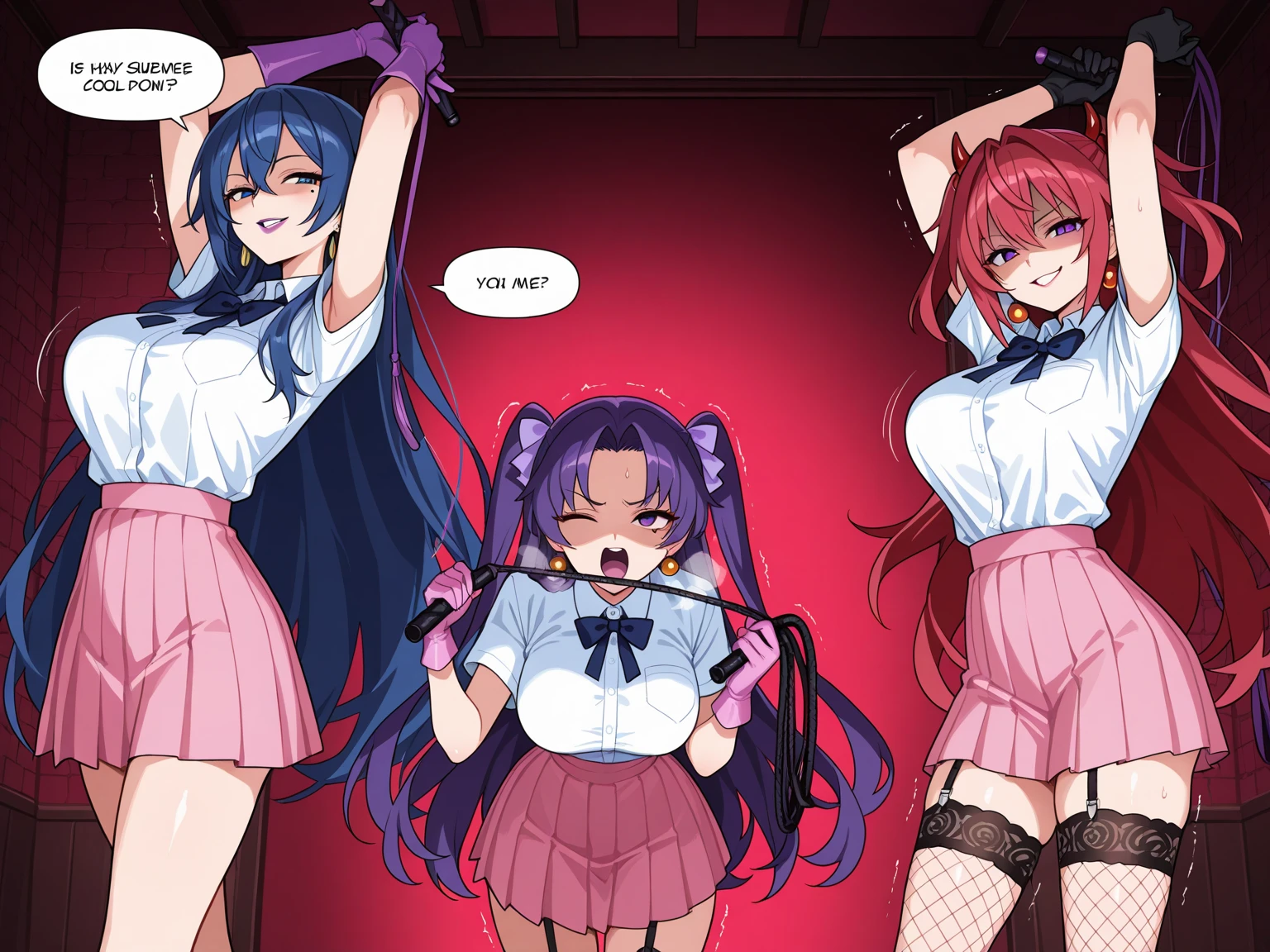 score_9, score_8_up, score_7_up, source_anime, KitagawaMarin, 1girl, ((obesse)), ((morbid obesity)), ((belly stuffed)), ((surprised)), ((very drunk)), ((staggers)), ((agitated)), ((provocative)), upper teeth only, multicolored hair, long hair, magenta eyes, ear piercing, earrings, pink nails, makeup, MarinSchool, bead bracelet, black choker, neck bell, ring, collared shirt, ((white shirt)), short sleeves, blue necktie, plaid skirt, ((blue skirt)), tied shirt, ((standing), looking at viewer, ((has a stomach ache)), ((skirt lowered)), a person looks at her