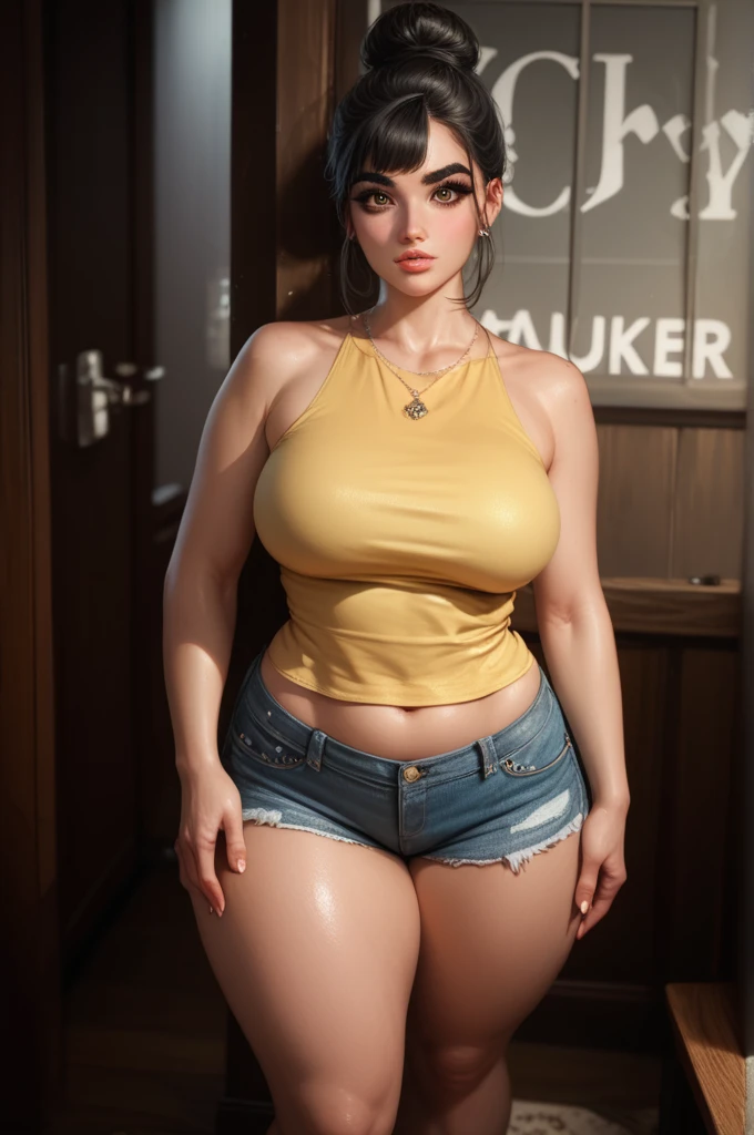 Beautiful blonde woman, 20 y.o, beautiful yellow eyes, short length bob haircut, bangs, sharp jawline, sharp nose, big round boob, slim waist, wide hip, fat ass, wearing tight white crop tank top with denim short and stocking with garter belt, kitchen background, 4k, hd, hdr, uhd, 8k, 8k wallpaper