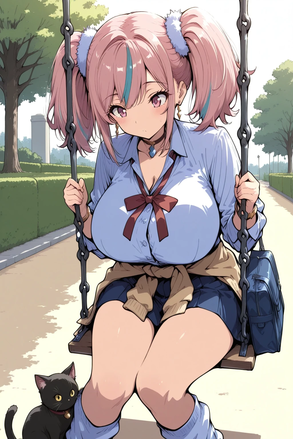 (A work depicting a scene from an anime for adults), ((Braiding, , ribbon, Round face, Realistic sized eyes, Droopy eyes, blush, Smile of shame, Thin lips, Spread your legs)), Open your mouth, (outside, On the sidewalk, Terrace table), futa, medium penis, handjob, veiny penis, cum on palm, handjob, penis, cum on hair, ((full-harness made of rope over clothes:1.5)), manguri