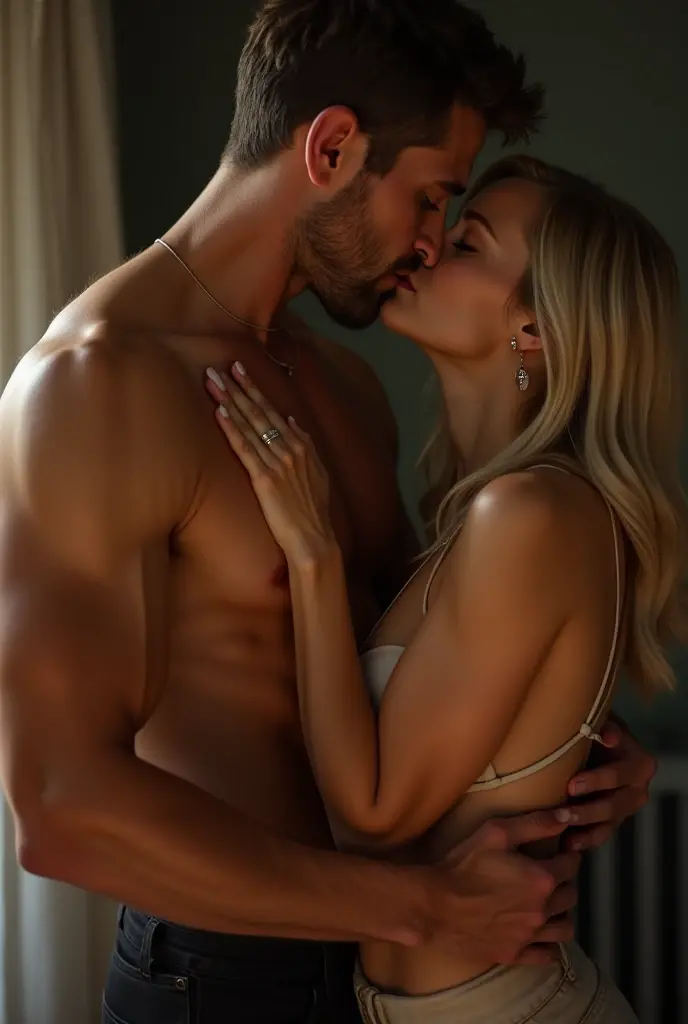 (Photorealsitic:1.4), (masterpiece:1.3), (top-quality:1.4), ((ultrarealistic)), HD 8k, (Sharp focus: 1.2), (Focus on the face:1.4), well proportioned full body of  
Beth (innocent  shy sexy blonde woman 28 years 1.6 m height) and 
Jackson ( big muscular black man 38 years  1.90 m height), 
Beth with innocent expression, (extremely beautiful: 1.2), amazing beautiful, extraordinary beautiful, Detailed cute femenine and beautiful face, Detailed facial features , Anatomically correct, Highly detailed face and skin texture, Natural Cheeks, subttle Glowing white skin, Fair skin: 1.3, (Glossy Lips: 1.4), (light blonde very short straight silky hainer hair bob style:1.2 ), glowing beautiful bright clear light blue big naive eyes, double eyelids, fine little sensual nose, femenine little mouth with big full red pucky lips, thin chin, freckles, narrow long neck, femenine narrow shoulders, long eyelashes, elegant lady, subtle makeup, extremely beautyful tonned legs, extremely nice perky ass, narrow waist, defined and tonned belly, sexy hips, full Lush bust, detailed eyes and face,
Jackson is a dangerous man, handsome and extremely masculine, (strong and muscular legs chest and arms: 1.2), wide shoulders, powerful jaw, (black bald man), (without beard: 1.1), (big bulge in crotch: 1.1), 
(Beth is wearing a white blouse and a long skirt with sneakers: 1.3), 
(Jackson white short lycra briefs: 1.2), chest and back exposed showing his muscles,
(intimate night bedroom ), 
alternative vibe, intimate lighting, high contrast, dramatic shadows, highly detailed, detailed skin, depth of field, dynamic angle, 
Beth standing in front of the sofa, Jackson behind her taking her by the waist, extremely detailed bodies and faces, extremely atmosphere of erotic anticipation, he is much taller than her.