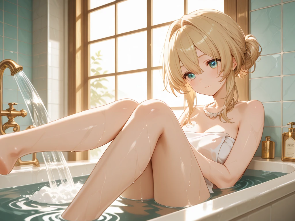 (light golden hair:1.25),(long hair with curls:1.25),(With bangs),(Light orange eyes:1.25),(wet hair in the bath:1.35),(wooden wide々bathtub:1.2),(A bath where you can soak up to your shoulders in hot water:1.4),(outdoor bath:1.4),(Snow is piled up:1.25),(A beautiful night with a full moon and stars:1.5),(wooden yagura:1.3),(White clothes with see-through skin:1.45),(taking a bath and relaxing:1.4),(Wet and shiny skin:1.35),(During bathing:1.4),(Steam charging),(Slight red tide),(Pleasant look:1.35),(close up of face:1.2),(View from slightly behind:1.2),
