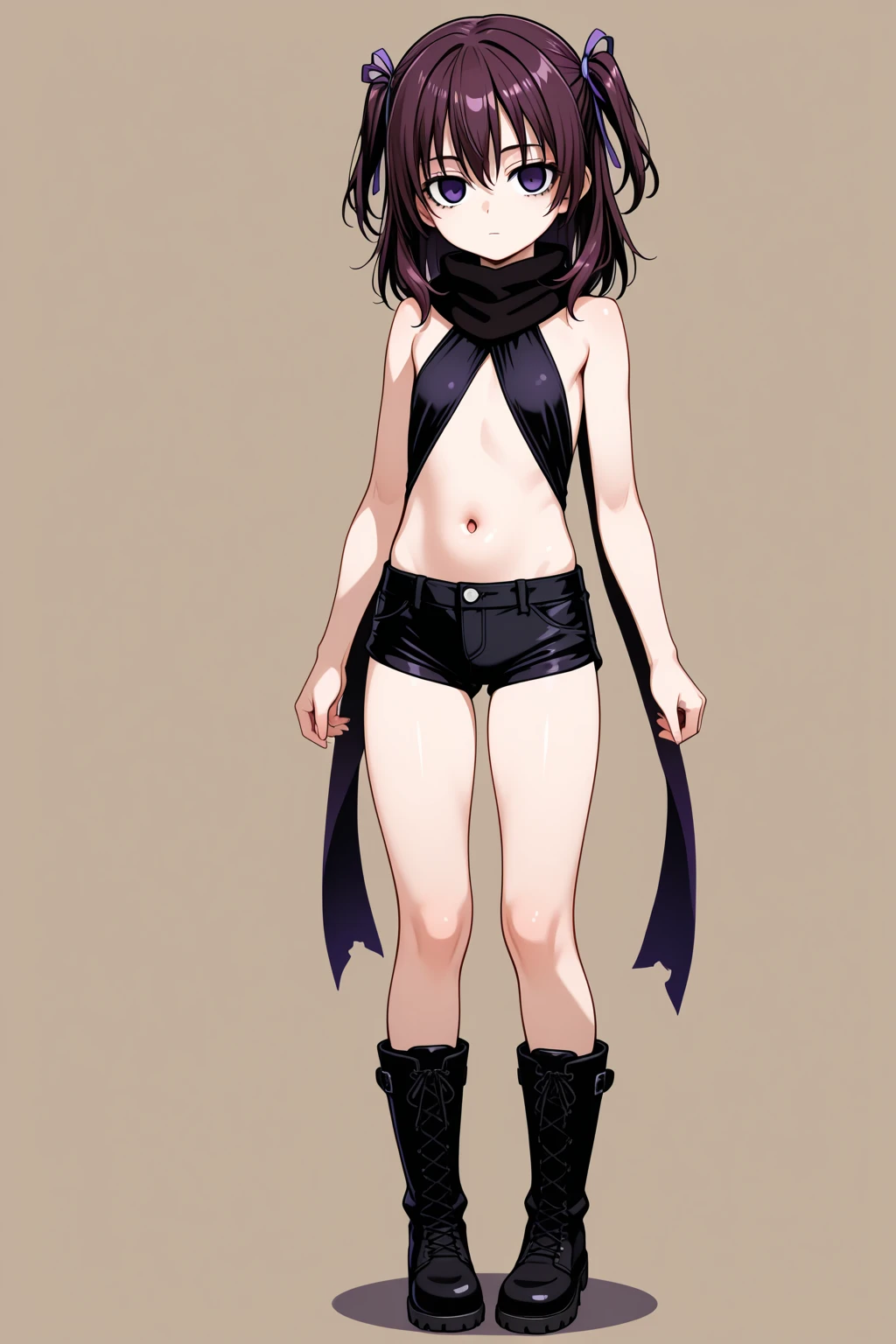 skinny girl in black bra and black leather loincloth, black choker, (no background)