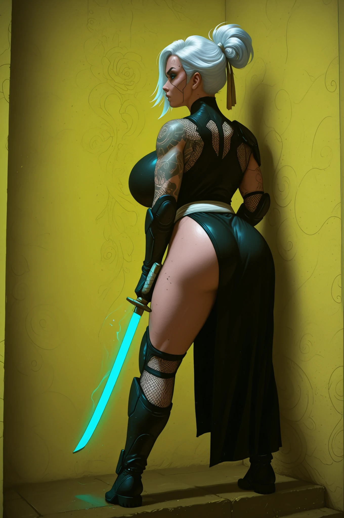 1girl, green hair, yellow eyes, pixie cut, very short hair, smile, breasts, leotard, black leotard, pantyhose, black pantyhose, neon, futuristic, science-fiction, full_body, ((full body)), mature female, hourglass figure, large breasts, machinery, tech, neon trim, sneakers, fighting stance, lightsaber, sword