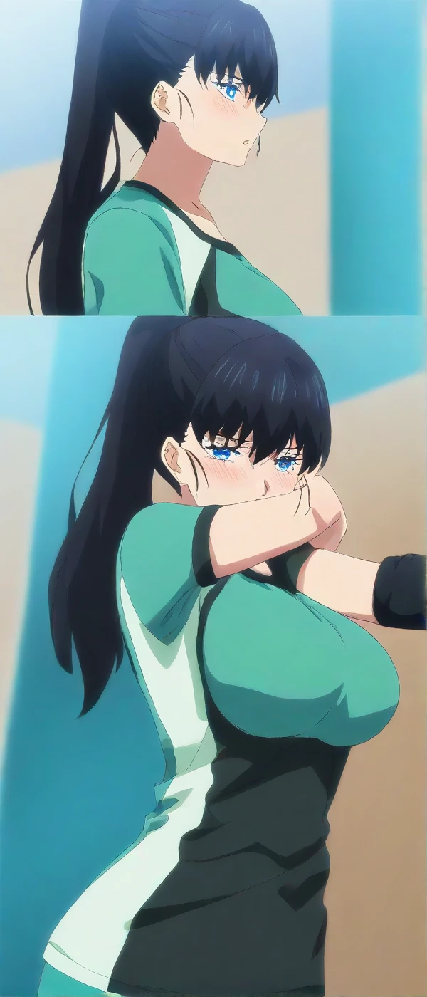 Bare shoulders,Green_Sportswear,Sleeveless,鎖骨,black_Shorts, black_Hair,Blue eyes,pony tails,bangs,Long hair, 1 girl, 20yr old,younger female,Beautiful Finger,Beautiful long legs,Beautiful body,Beautiful nose,Beautiful character design, Perfect eyes, Perfect face,Expressive eyes,Perfect balance, view the viewer,(Focus on her face),Closed mouth, (Innocent_Swallowing_Eyes:1.0),(Light_Smile:0.3), offcial art,Extremely detailed CG unifies 8K, 8K, Diamond, and wallpaper, Perfect lighting,Colorful, Bright_Front_face_lighting,White skin, (Masterpiece:1.0),(Best_quality:1.0), 超A high resolution,4K,Ultra-detailed, Photography， 8K， hdr， A high resolution， absurderes：1.2，（Being in a hotel），（There is a pool next to it）， Kodak Portra 400， filmgrain， The background is blurred out， Bokeh：1.2， Lens flare， （vibrant_Color：1.2），profesional photo， (Beautiful,Large_Breasts:1.4), (Beautiful_face:1.5),(Narrow_waistup),（（（Wear a dog collar around her neck））），（Bigboobs，Be red in the face，Blushlush，perspire，Water all over the body，full of sweat，Enchanting expression，The chest is exposed，very uncomfortable expression），（Lying on the couch，Raise your legs，Raise your legs），