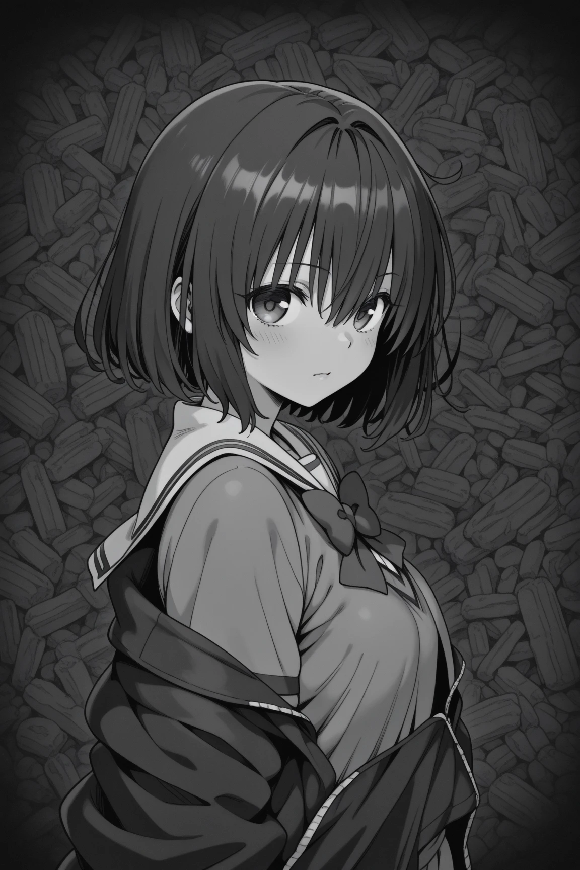 、v5lcn style,Ink Art,(highest quality,Tabletop:1.2),(Black and white comic core:1.1),(extremely high contrast),Dark ink,One Girl,Shadow on face、8K,solve,high school girl,Sailor Suit,