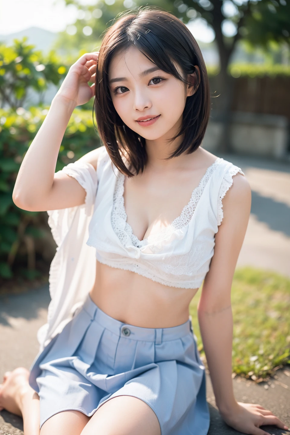 flat chest、Small bust size、Bust 78 cm、Chest without bulge、flat breast、small tits、Small breasts、Phetcha Pai、a beauty girl、15yo student、bra very(Ren Hao)、plaid skirts、A dark-haired、sitting on、a park、Open legs、Panchira、White lace pants、Delicate limbs、high-level image quality