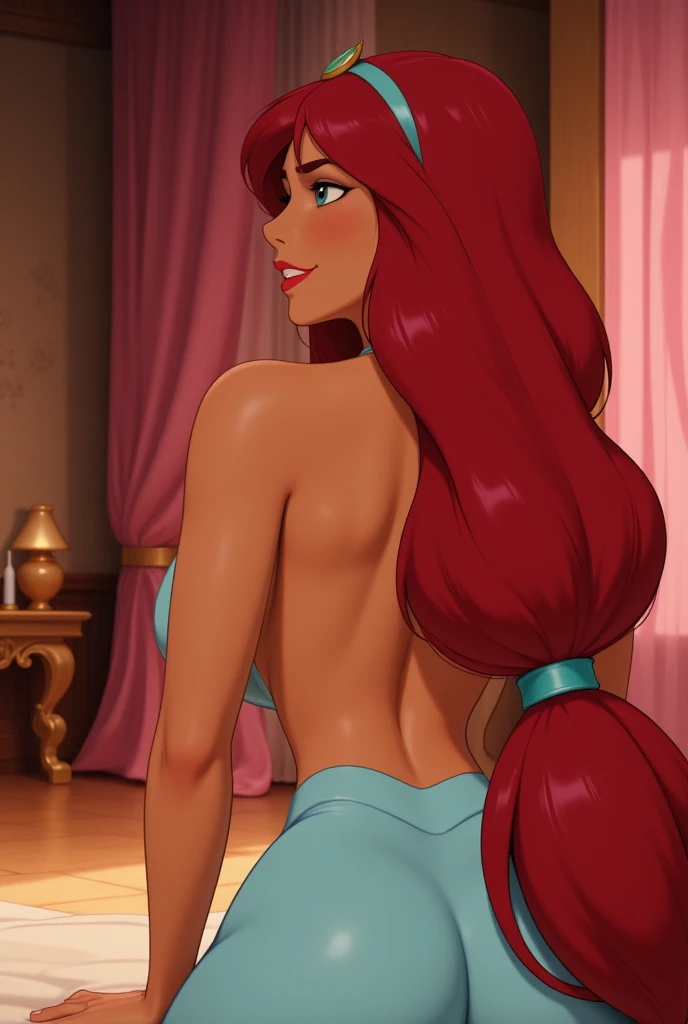 <lora:Ariel:0.9> ar_el, 1girl, fair skin, red lips, red hair, large aqua-blue eyes,  looking at viewer, squatting, front view, spreading legs, platform heels, high quality, score_9, score_8_up, score_7_up,