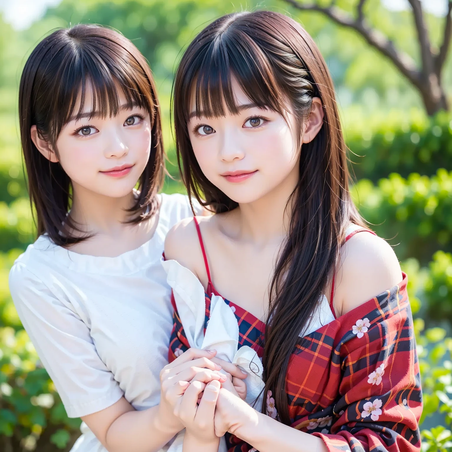(Best Quality,4K,hight resolution,masutepiece:1.2),((A 12 year old girl and a 16 year old girl are hugging each other)),(Hugging from behind),Focus on the face,Realistic,girl ,Happiness,joyous laughter, Warm hugs, Children'excited expressions, Magic in the air, love and togetherness, nostalgic memories, Joyful celebration, Holiday spirit, happiness and warmth, magical moments, Congratulations,happy expectations, Wonderland, spread love and kindness, Capture Joy, create lasting memories、(accurate hands without incongruity,Precise feet without discomfort),Kissing、off shoulder lace close up,Passionate、Very delicate eyes and face,Sharp pupils