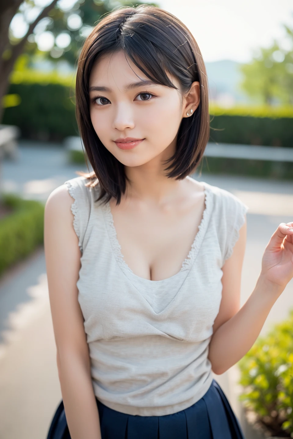 (Best quality, 8k, 32k, Masterpiece, UHD:1.2),Photo of Pretty Japanese woman,black short hair,beauty face,(leaning forward:1.3),squatting,(from above:1.5),(close up:1.4),pov, very loose t-shirt,large breasts,(beautiful nipple slip:0.9),outdoors,windy,shiny skin,blurry background,