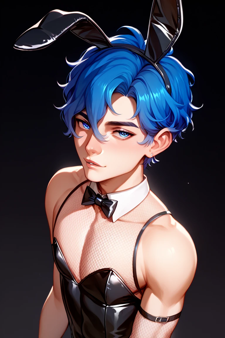 red short hair, petite, blue eyes, black glasses, tuxedo