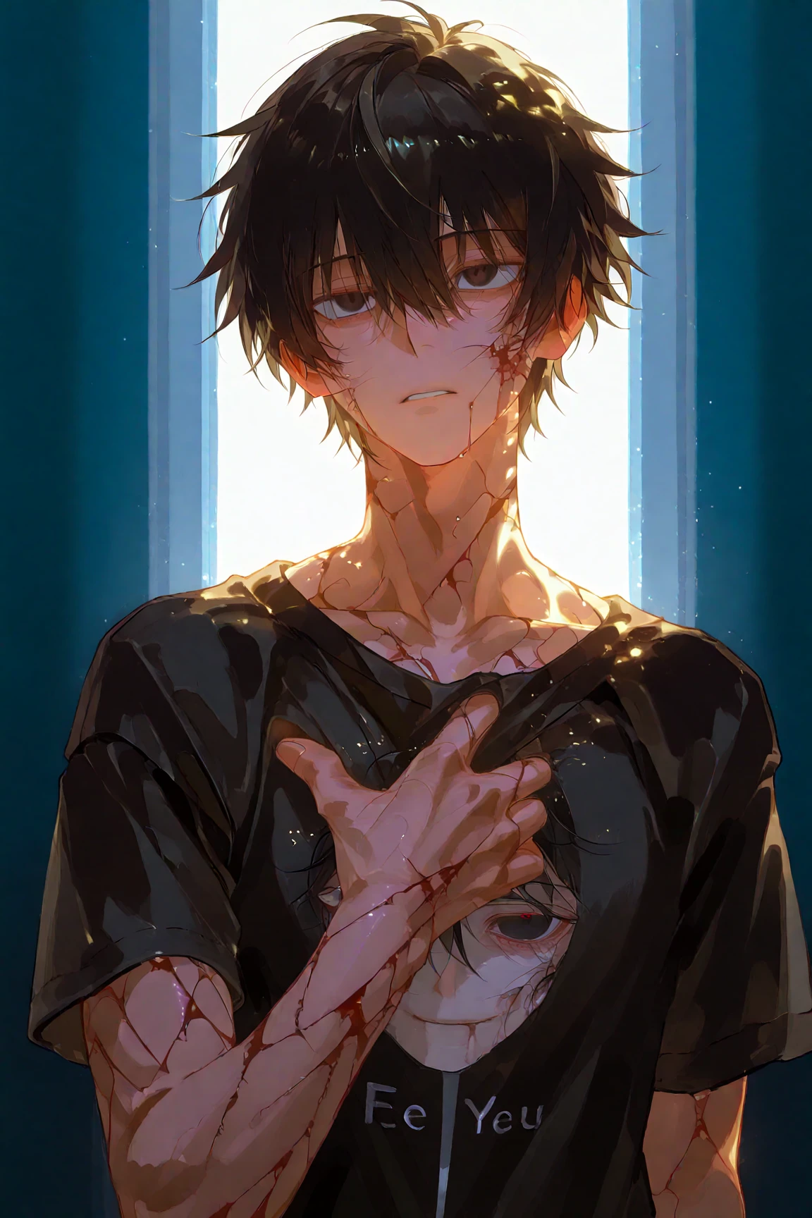 Crying Boy,Crying Boy,A terribly frightened boy,Boy's occipital head,posterior view,barechested,nudde,gargantilha,and bruises all over the body,Dirt all over the body,underground room,gargantilha,Sweating,Concrete walls,Concrete floors,
