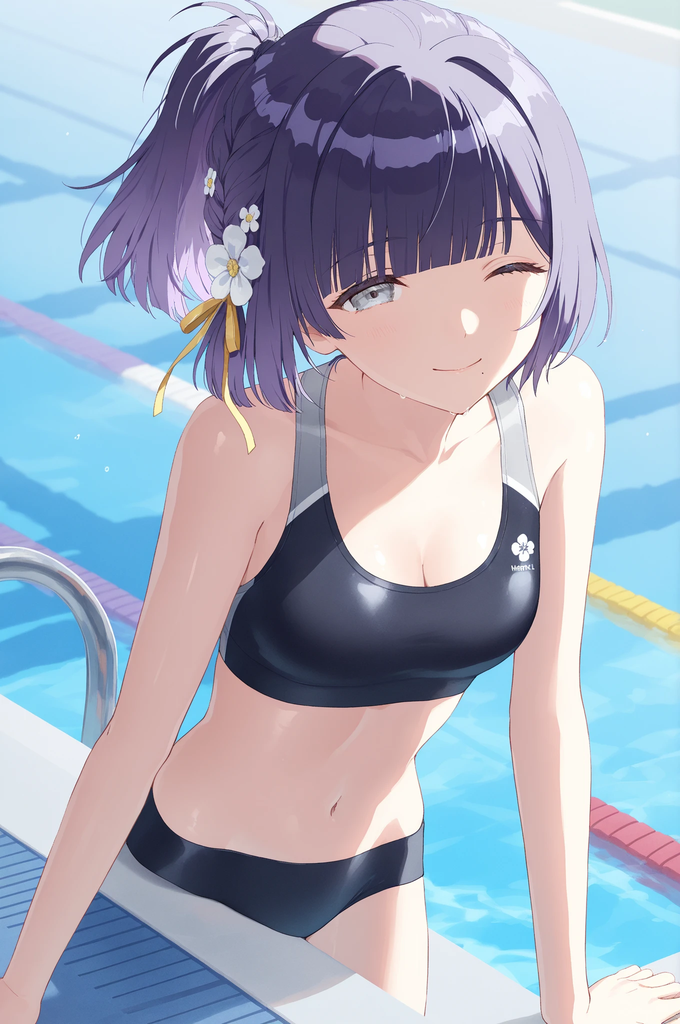 girl, purple hair, bekini, in an swiming pool