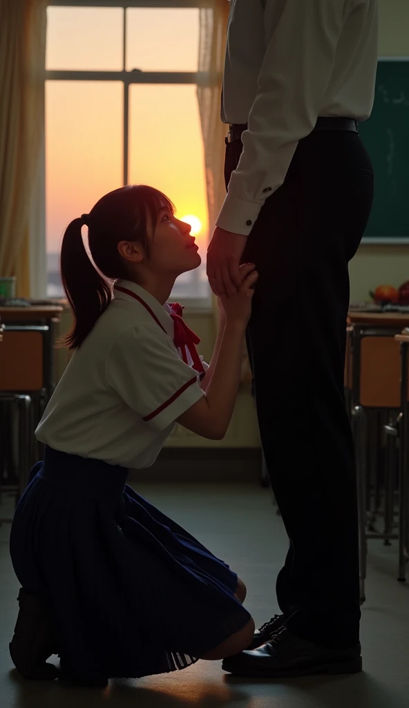 NSFW, (masterpiece, best quality, photo realistic:1.4), (shiny skin), (UHD, 8K wallpaper, High resolution), Perfect anatomy, Cinematic lighting, physically-based rendering, award-winning, extremely detailed skin, extra detailed face, eyes with beautiful details, Carl Zeiss 85 mm F/1.4, BREAK, very cute 16-year-old schoolgirl, (pink hair, short bob cut, bangs, glasses), medium breasts with cleavage, (wet white school blouse unbuttoned, navy pleated skirt lift, black knee high socks, loafers:1.3), (noseblush and naughty, drooling, almost closed eyes:1.3), (a handsome (old man) behind the girl, grabbing girl's waist, wearing recruit suit and trousers, business shoes), BREAK, (((1girl and 1man, having sex, top down bottom up))), on the floor, (in the midnight classroom, moonlight), view from diagonally forward,