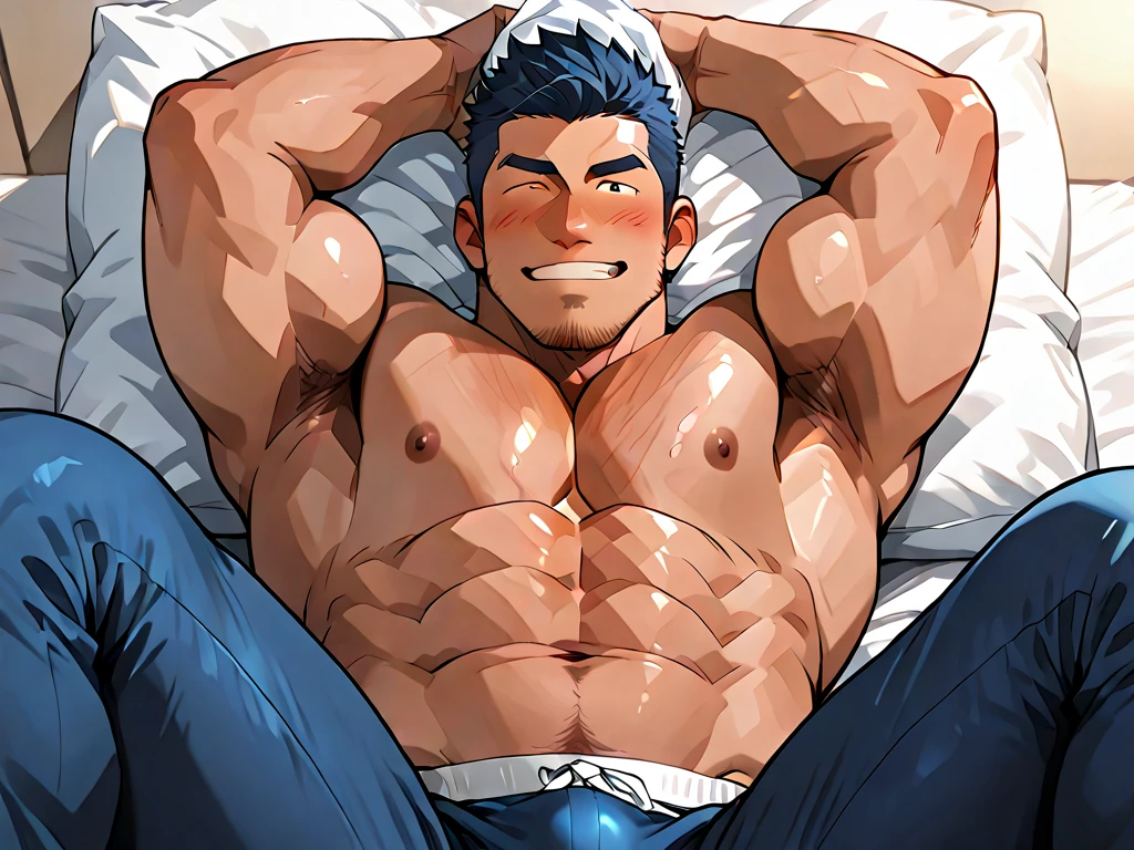 highres, masterpiece, high definition, high quality, realistic, 1boy, archie \(pokemon\), muscular male, dark skin, blue bandana, large pectorals, abs, penis, frenulum, glans, laying in bed, cum on chest, ejaculation, nude, biceps, body hair, blush, naked, nude