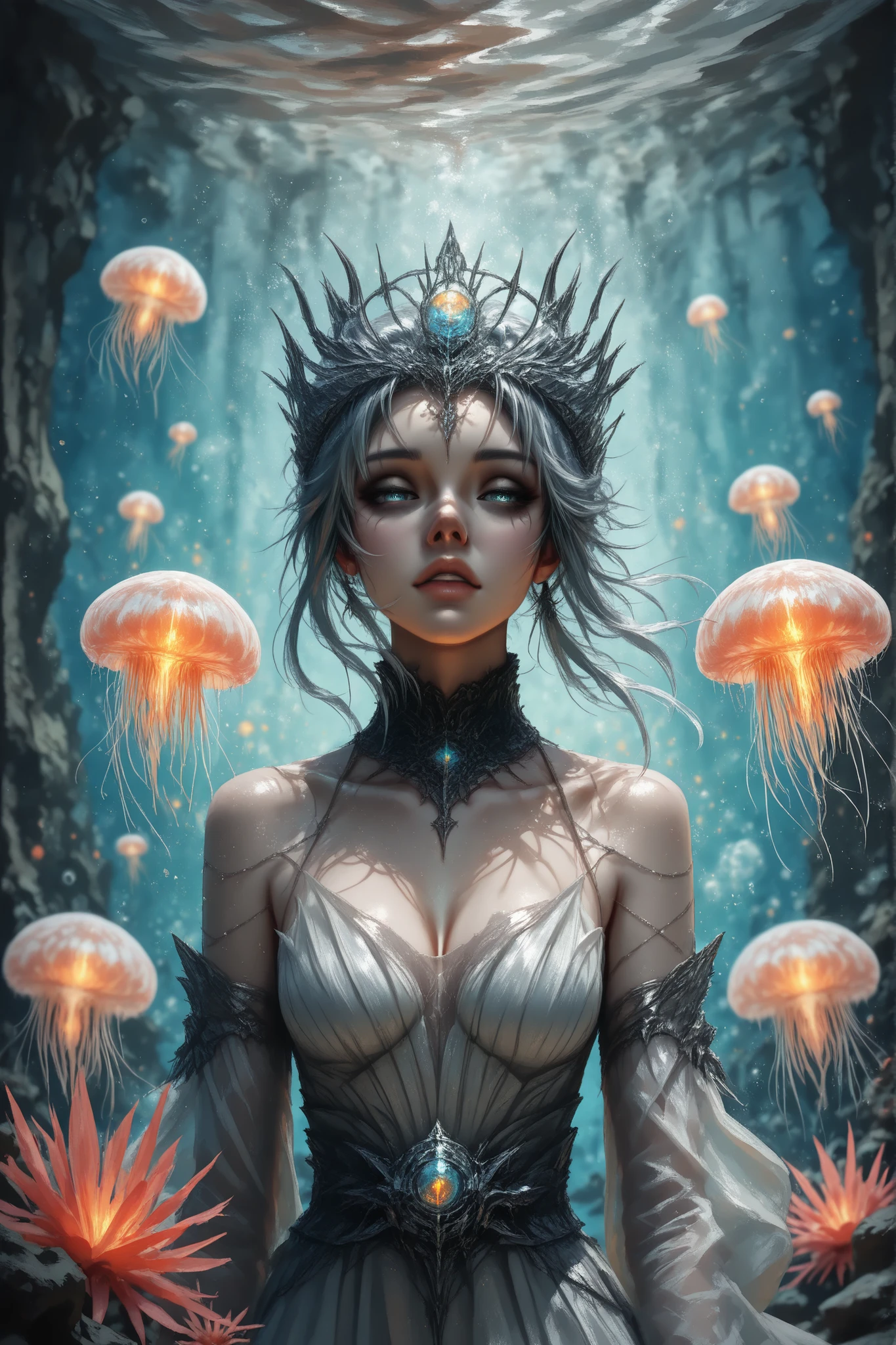 masterpiece, eptremely detailed, hyperrealistic, but ethereal, cinematic underwater scene, mystical atmosphere,
world, the sleeping queen of the depths, — a beautiful and charming sea goddess with flowing silver hair, floating weightless,
her delicate skin gently shimmers, } in an elegant coral crown and dress made of pearls and flowing seaweed,
she rests gracefully on the pearlescent throne, surrounded by glowing jellyfish and bioluminescent fish, radiating soft light,
ее глаза worldно закрыты, her posture serene and majestic,
and rays of light, dreamy water particles, penetrating deep blue,
peace of mind, majestic, divine presence , Ruan Jia and WLOP inspired, p} picturesque teptures with realistic details,
soft rays of god, High-resolution teptures, 8K clarity