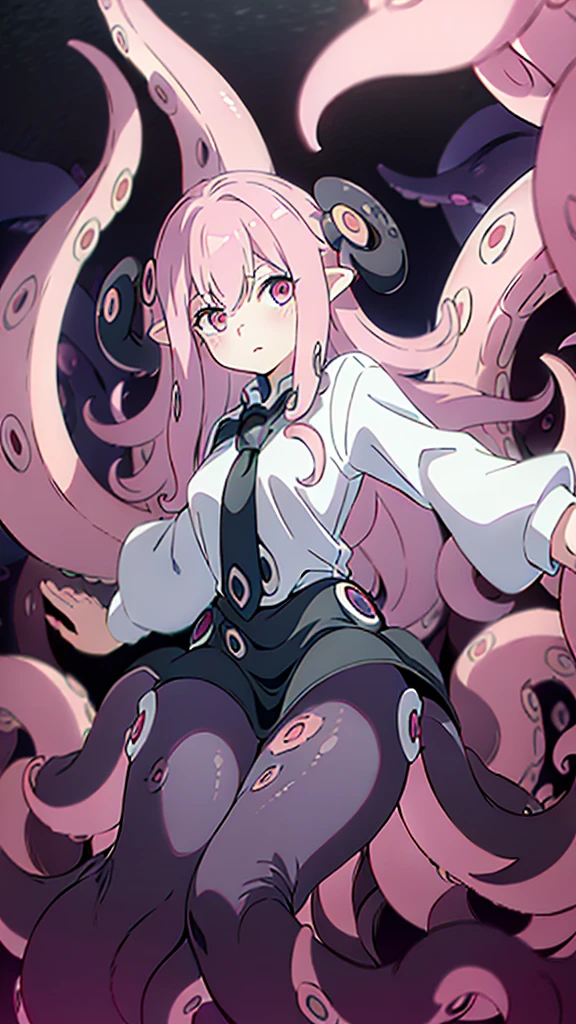 ((best quality)), ((highly detailed)), absurdres, (detailed eyes),1girl,20 years old,solo,long hair,pink hair,(((white shirt,black standart tie,black skirt))),dynamic pose, cowboy shot, (((scylla))), (((octopus girl))), standing, (tentacles:1.33), (suction cups:1.33), (fused:1.33), ((tentacle legs)), squidlegs, ((underwater,sea, aurora,night)),leaning forward, serious,cute,reaching out