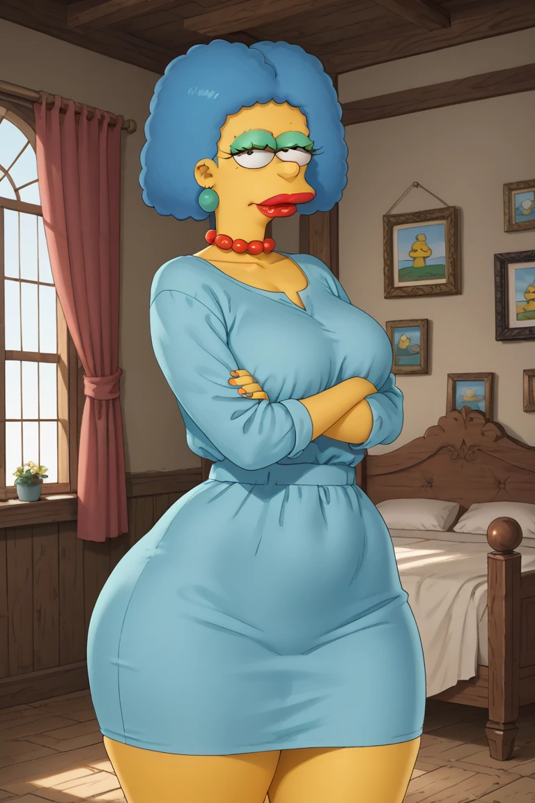 <lora:Patty Bouvier:1> anatomically correct, masterpiece, best high quality, ultra details, realistic, RAW Photo, perfect anatomy, 4k, 8k, quality lighting, detailed hands, detailed eyes, (solo:1.2), plumb, mature woman, Patty Bouvier, gray hair, pink dress, yellow skin, (big boobs:1.4), (thick tighs:1.3), (wide hips:1.3), (big ass:1.4), (looking at viewer), (black eyes), pussy <lora:BGV5EX:1> <lora:add_detail:1>