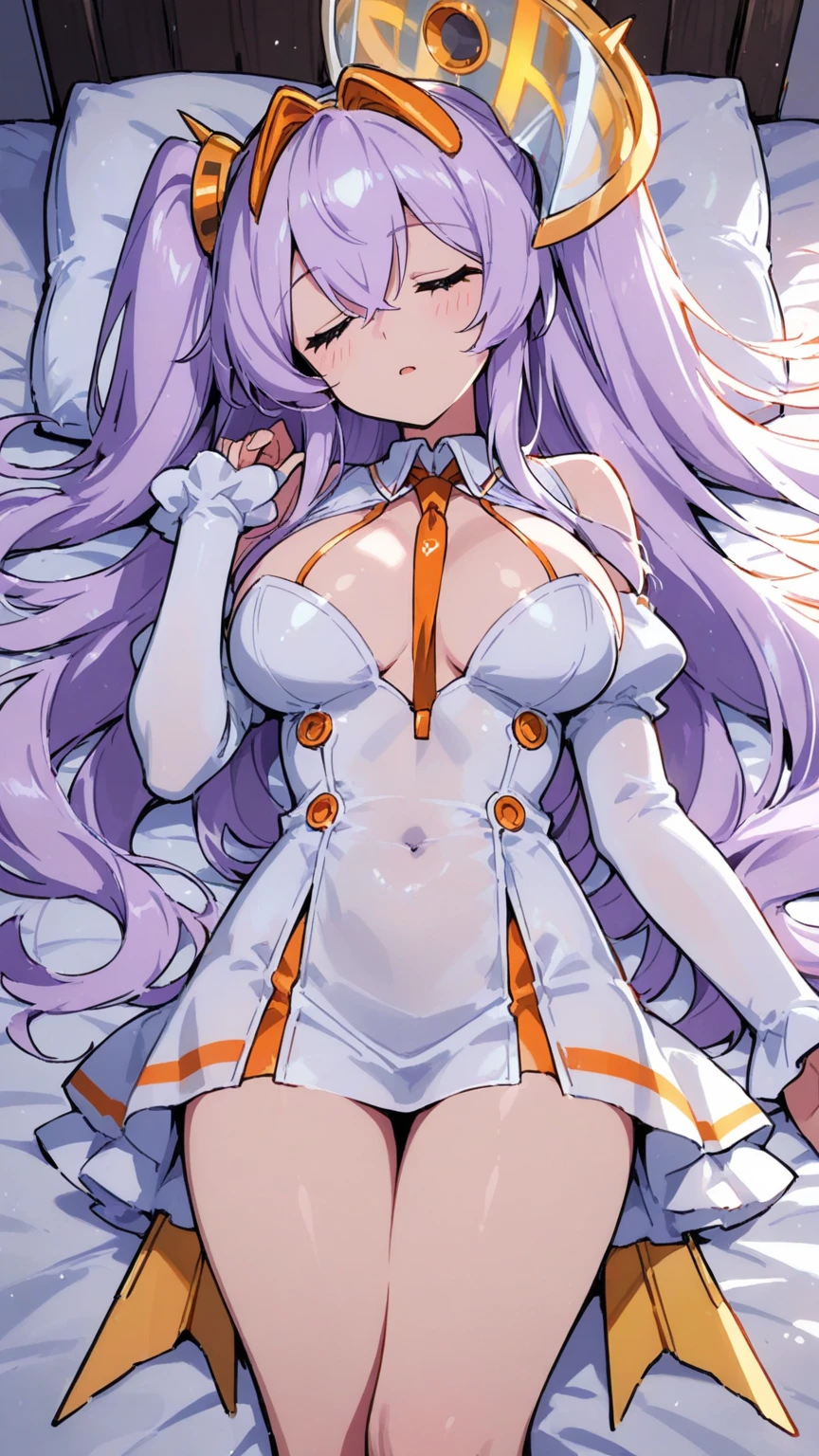 (masterpiece, best quality, illustration, game cg), solo, 1girl, nepgear, d-pad hair ornament, white leotard, elbow gloves, white thighhighs, vibrant colours
