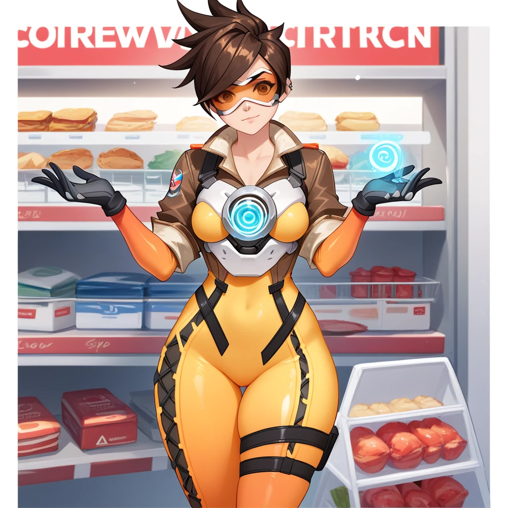 Sexy woman, red hair, bun, thick body, glasses, big butt, tight clothing, cleavage, pussy, ready for battle (Apex Legends style)
