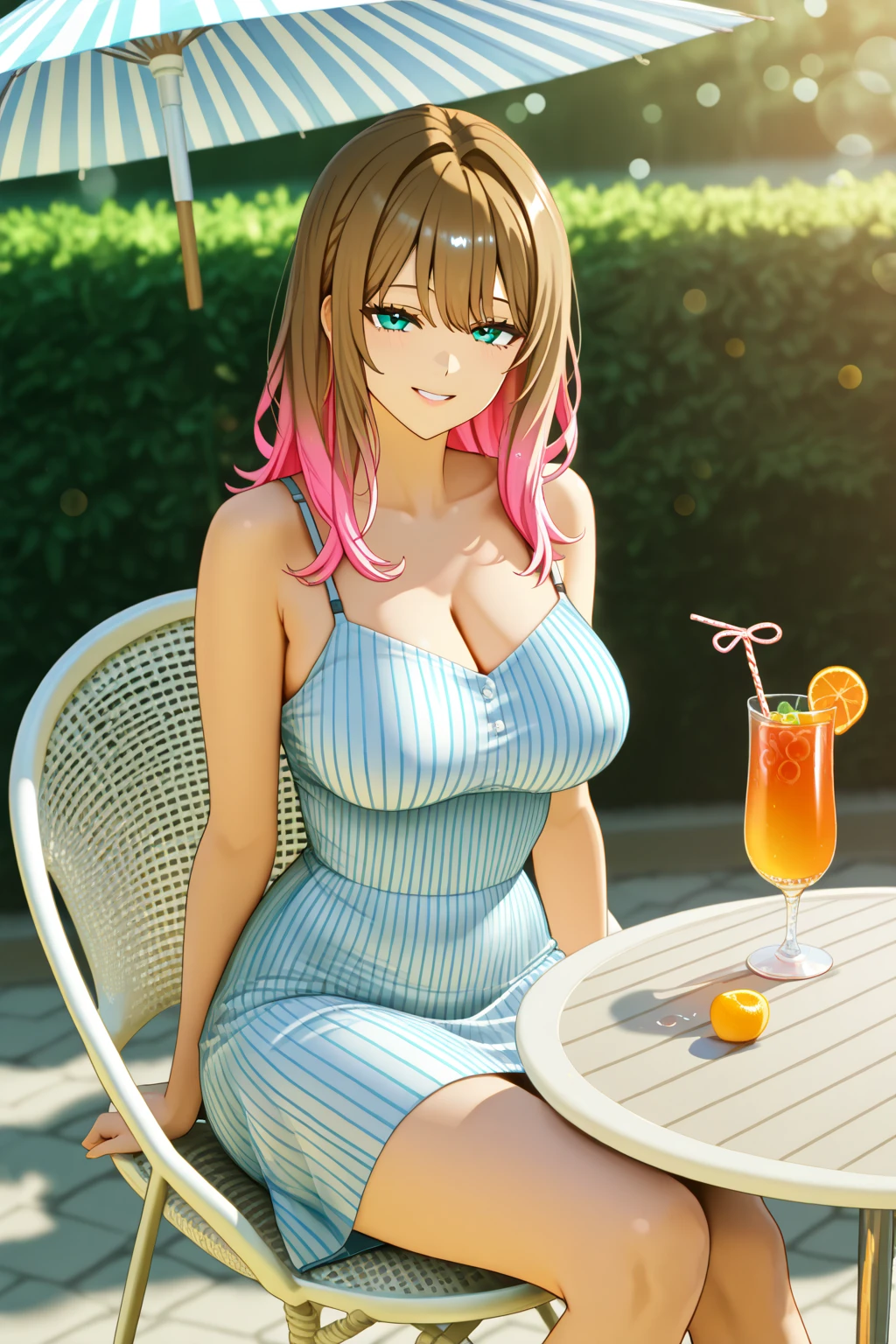 (Masterpiece, BestQuality:1.3), (ultra detailed:1.2), (hyperrealistic:1.3), (RAW photo:1.2), High detail RAW color photo, professional photograph, (Photorealistic:1.4), (realistic:1.4), professional lighting, perfect anatomy, (Big Breasts:1.2), (blush, detailed face), (cheerful Smile:1.5), Trending Hair&Trending Hairカラーをランダムに, earrings, necklace, bracelet, sexly, erotic sexly, Random sexy gravure poses, (A beautiful pink-haired woman wearing a pink top and shorts、Smiling and posing sexy with a cocktail in hand by the pool in summer。:1.3)