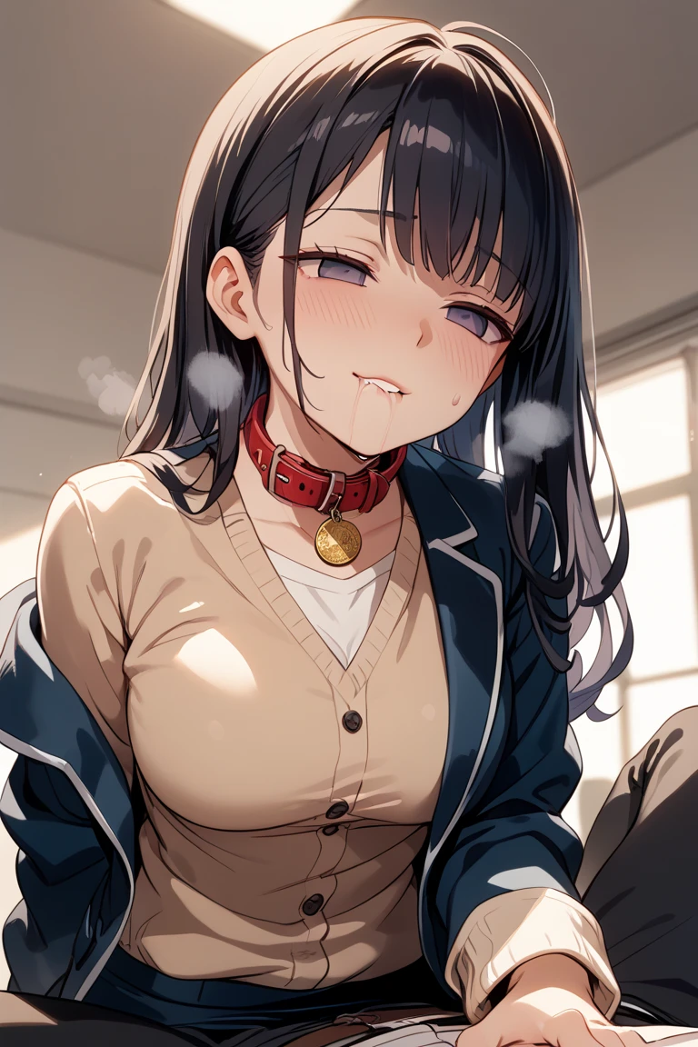 NSFW:1.3,The young wife is a former student council president、28-year-old female、精液でWet:1.3,naked:1.3,Riding on top of a man、Sweat:1.3,Flushed cheeks:1.3,humiliation:1.3,Cowgirl Sex:1.3,Angry face:1.3.Teeth grinding:1.3,Glare、Long black hair ponytail:1.3、Tie your hair with a red ribbon:1.3、Having intense sex:1.3,Spread your legs:1.3,The penis is inserted into the vagina:1.3,Wet:1.3,(Slit eyes、Brown eyes、tall、Big breasts)、On a black sofa、Apartment room、Maid clothes