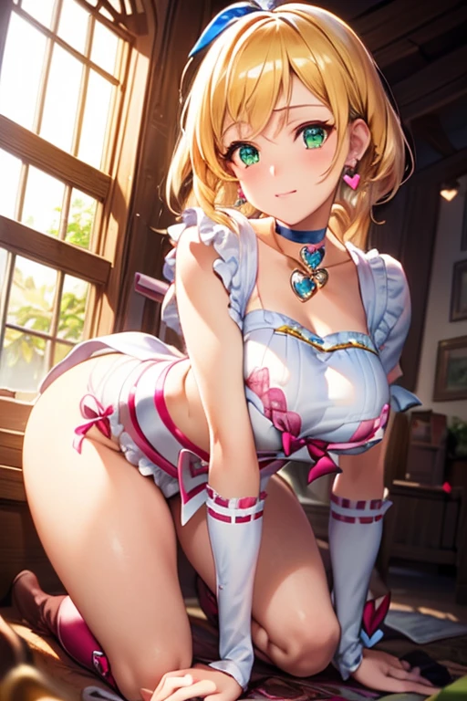 highest quality、Ultra-high resolution human body、The perfect human body、Clear lines、Two Arms、Two legs、((Five Fingers))、Delicate fingers、Low angle shot:1.5、((Showing panties:1.5))、((Light blonde hair:1.4))、((White sexy silk panties))、((Her tiny thong panties are tucked between her legs))、((脱ぎかけのPanties close up:1.9))、((very large firm breasts:1.6))、((Sexy golden lingerie made from the finest silk:1.5))、((Close up of open legs:1.6))、((Shiny light pink nipples:1.3))、((Pull your head back and arch your chest:1.3))、Twin tails up to the waist、Delicate hair type、fluffyの髪、Curly Hair、Silk maid outfit、Maid clothes with wide open chest、White silk knee socks、A cute and beautiful face down to the last detail、(PurerosFace_v1:0.008)、eyeliner、blush、Embarrassing、Glare、 Glossy lips: 1.4, impatience、Panty Appeal、Panties close up:1.3、blush、Open your knees、Spread your legs、Disheveled clothes、Bright green eyes、Cute ribbon、Shiny gold leather high heels、Stiletto heels、transparent、Glowing White Skin、Sweaty chest、Bell earrings、Shining bright colors、Clear contours、Floral Hair Accessories、Small white gloves made of thin silk、stylish、kind、soft、High-end furniture、stylishな編み込み髪、Scrunchies on the wrist、Ribbon with bell around neck、Big eyes、Silky smooth texture、Color unification、Luxurious canopy bed、garter belt、Droopy eyes、Light blush on the cheeks、Put one hand over your mouth、Midday sunlight filtering through lace curtains、Bright interior、happiness、はっきりとしたBig eyes、Bright expression、M-shaped foot、Arabic style columns、Tilt your head、Laugh gently、非常にDelicate fingers先、詳細で鮮やかな色のFloral Wallpaper、Tea set、A small gold watch on one wrist、The leather corsets、Eyes that shine like jewels、Symmetry in clothing and accessories、fluffy、Finest Silk、attractive appearance、Plaid、明るいピンクColor unification感、Emphasizing the depth of the human body、Sharp camera angles、See through、フリルの付いたfluffyの可愛い白いエプロン、Gold manicure、Open your mouth a little、Floral Wallpaper、Floral sheets、fluffyの枕、fluffyのクッション、