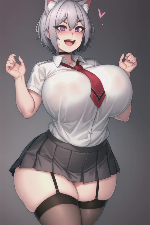 1girl,(solo),gigantic breasts, wide hips, thick thigs,dynamic pose, school uniform, black skirt, white shirt, red necktie, thighhighs, black choker, smile, :d, white hair, purple eyes, cat ears, short hair, extremely detailed eyes, (huge breasts:1.2) <lora:Garcia-Style-v1.1-final:1>