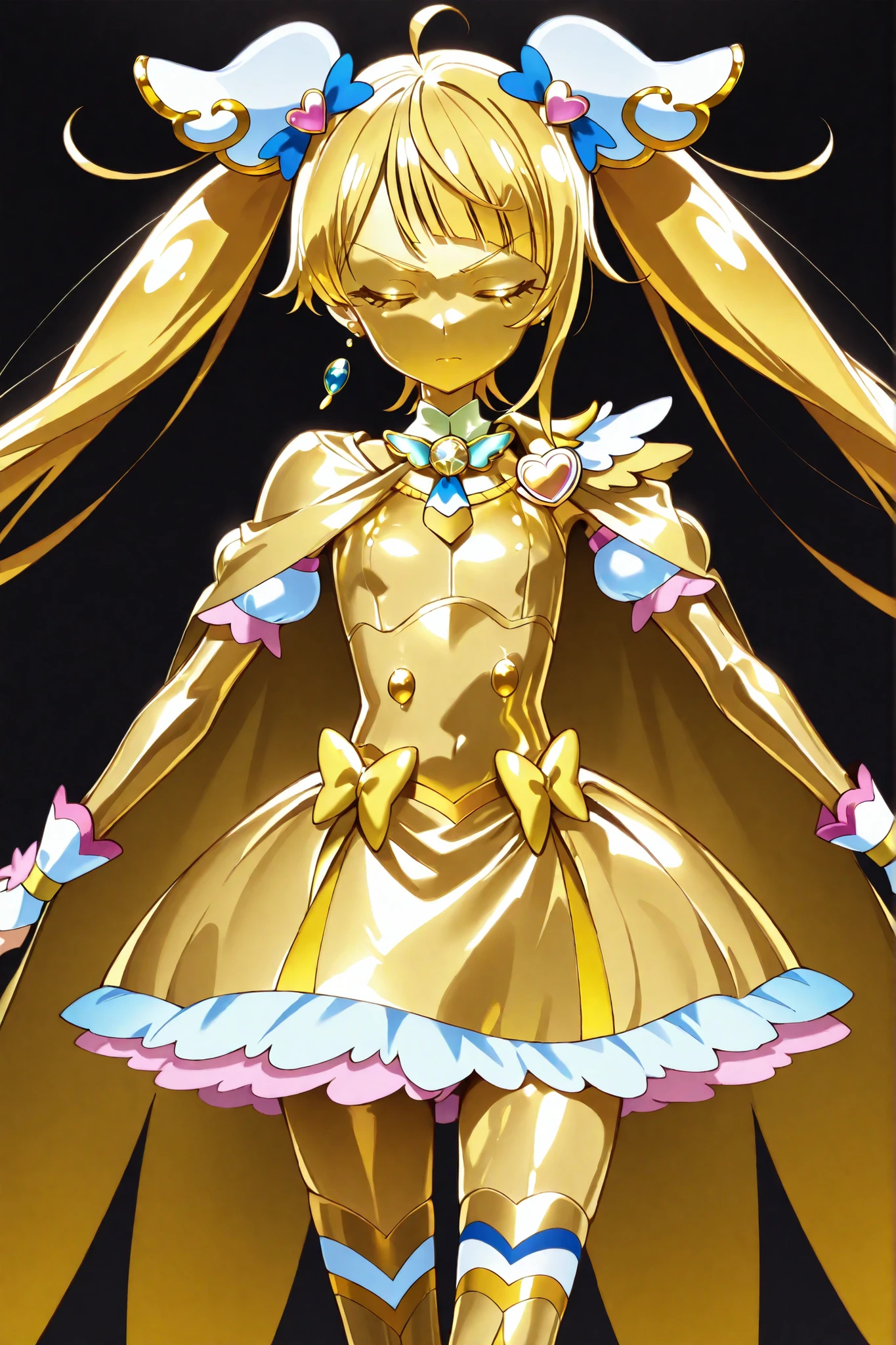 Cure Sky, masterpiece, AND ORAL SEX, Newest, very high resolution, closed eyes, yellow hair, yellow sclera, closed mouth, No students, Yellow skin, glossy skin, metal skin, Black eyebrows, Slanted eyebrows, 1girl, solo, cowboy shot, standing, dynamic on the background, viewers who are missing, sleeping, Serious Expression, black background, Hands on Her Hips, Gold_butterfly hair ornament, Long Hair, Gold_Knee Socks, 太ももまで長いKnee Socks, Magical Girl, Gold_skirt, under skirt, hair ornament, Gold_gem, Gold_gloves, Gold_twin tails, Gold_ribbon, golden hair ornament, Gold_cloak, metallic outfit