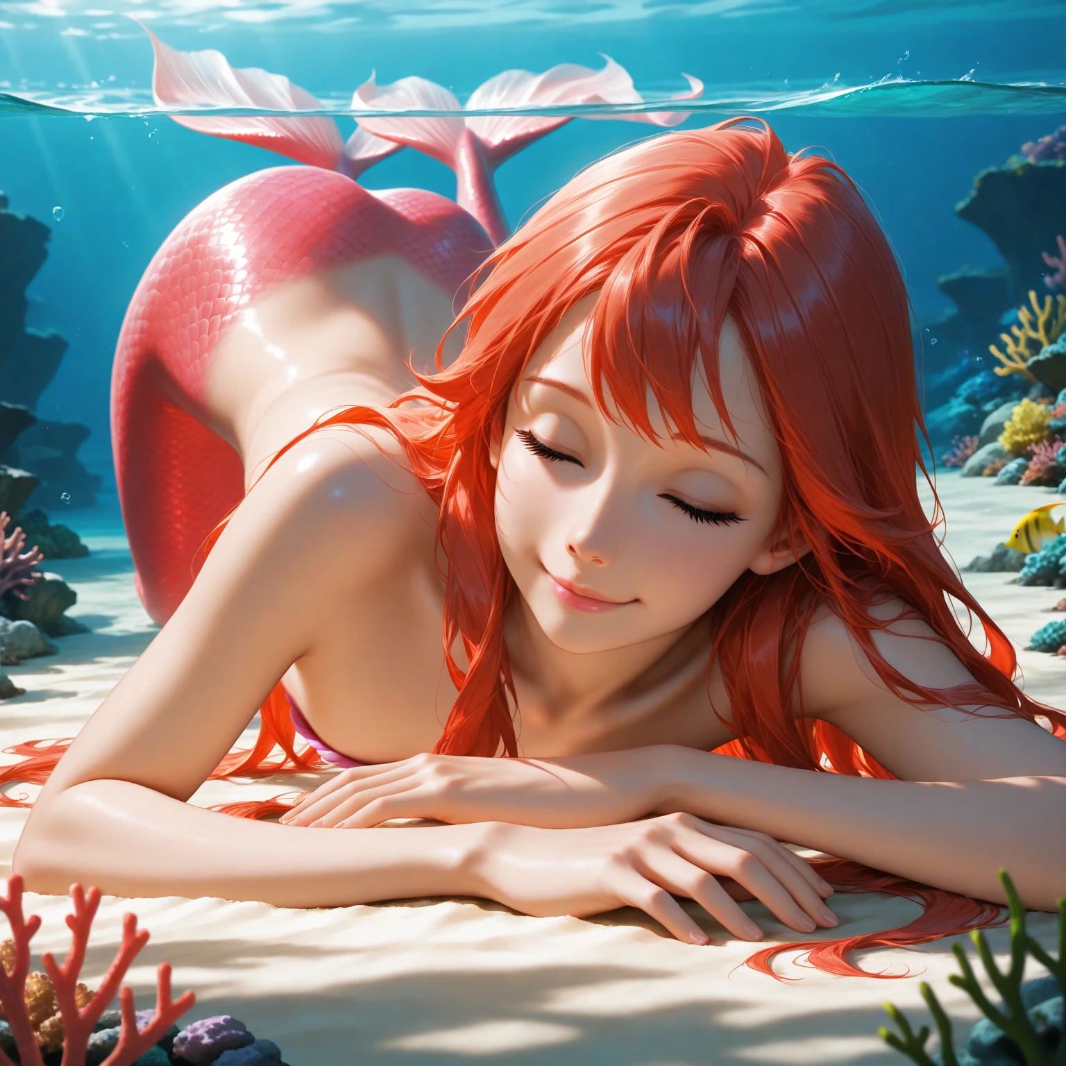 masterpiece, best quality, smiling, ultra-detailed, absurdres, portrait of a 3 foot goblin girl, ((green skin)), ((red hair:1.3)), eyes closed, necklace, volumetric lighting, tonemapping, sharp focus, trending on Artstation, swimming in the ocean, underwater, graceful, beautiful, full body, blue water, ocean floor, fish, marine life, caustics:1.3, visible breasts, small breasts, wide shot, wide angle lens, dark nipples, mouth closed smile, back arched, sexy, underwater, in the ocean, head thrown back, profile shot, posing