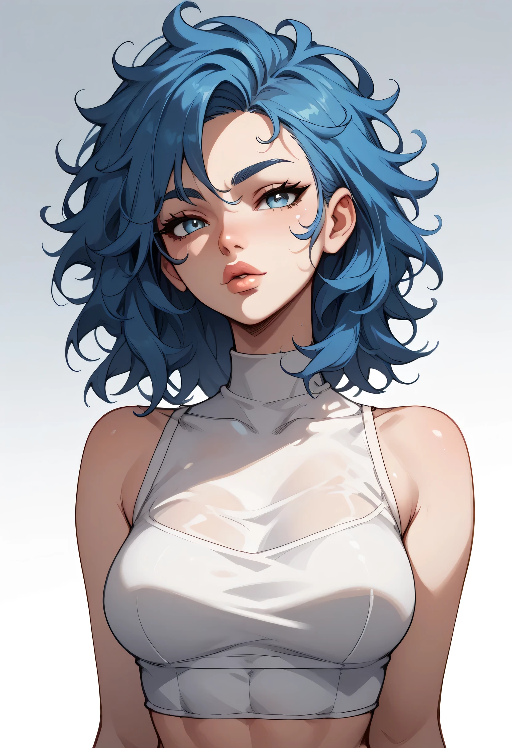 looking at viewer, gradient background, 1girl, medium hair, messy hair, blue hair, blue thin eyebrows, big glowing grey eyes, bright black thick lips, perfect face, beautiful girl, , (((white crop top)))