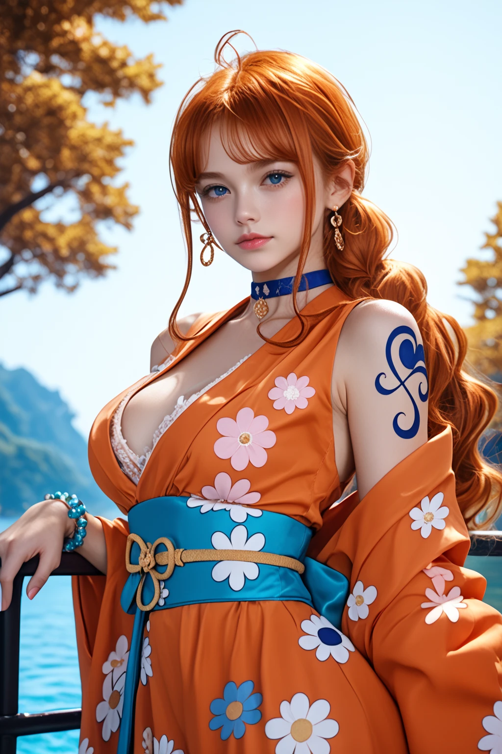 Best quality, masterpiece, extremely detailed, detailed background, detailed eyes,realism, 1 girl, beautiful eyes, young girl,beautiful graceful fingers, girl with long hair, Two thick braids,expressive face, kimono, Retro, Landscape of Mount Fuji, on open air, sunset, beautiful sky, picnic on the lake, landscape, landscape, horizon, the mountain sits near the mountain, Wind, flower petal, Vesna, looking, Atmospheric lighting, reflection, naturalistic, detail, realism. relaxation, Beauty, just concentrate, Close-up, from the outside, depth of field, hips