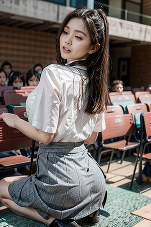 united china, classroom, uniform, of the highest quality, Very detailed, realistic shadows, realistic texture,backwards,a little bent over showing her vagina,showing the ass,big ass,