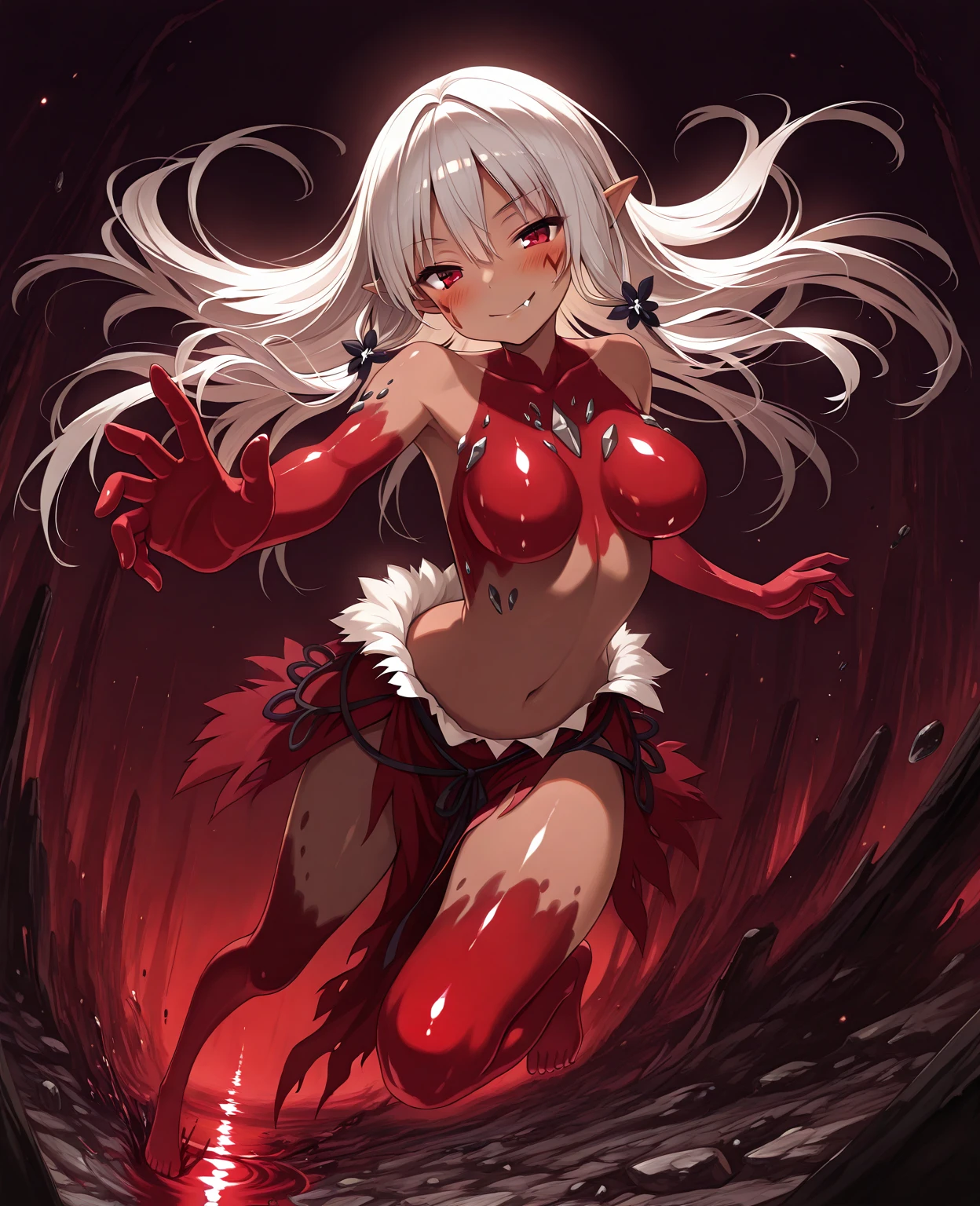 Create an image of a stunningly beautiful perfect fantasy (succubus 0.7) , Stunningly gorgeous beautiful perfect sexy face, perfect makeup, lipstick, curved eyebrows, long luscious eyelashes, black eyeliner, long luscious hair, smiling teeth showing, craxy eyes, hour glass body figure, natural breats, showing clevage, dirty bloody lingerie, covered in blood.