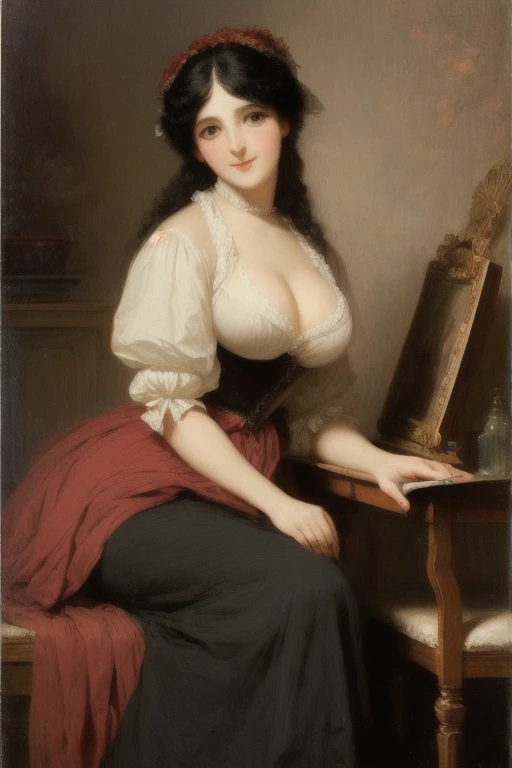(((Down view))) A painting of an aristocratic man sitting at his desk and talking to the A provocative and sensual a (((nude noble woman))) in a desperate, submissive pose. [Character Description] A 20 year old caucasian woman with an alluring figure, (((pretty breasts))), long wavy, kinky jet black ponytail hair, black stockings, is on all fours in a vulnerable, desperate expression. He is showing her something on the table with one finger. She sits near him, holding her hands behind her head. A romantic scene in the Rococo style, in the style of Jean-Baptiste Béraud, oil painting, fine art, in the Baroque style