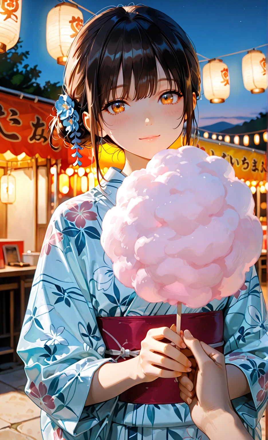 bath robe,Girl in Yukata,Outstanding smile,Summer Festivals,natta,Store,Cotton candy,Big Fireworks,poneyTail,