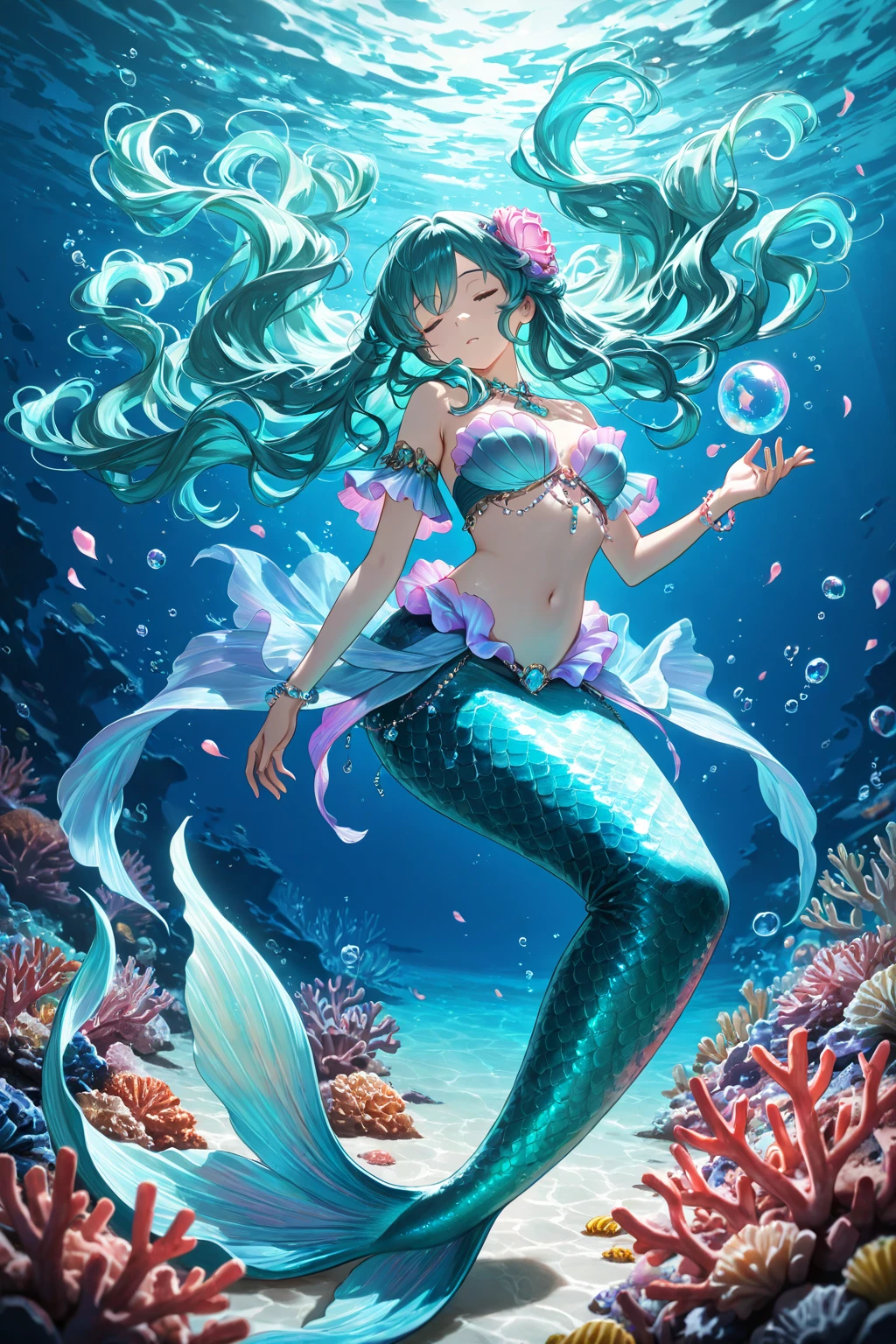Mermaid girl, A complex water structure in a futuristic city
