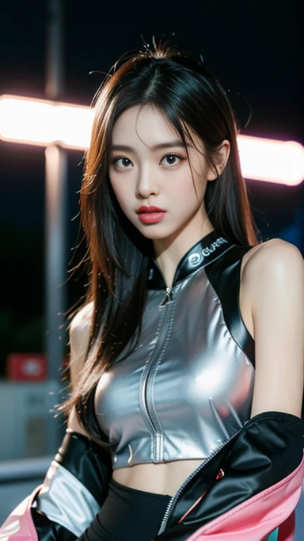 (kpop idol:0.5), 1girl, 18 yo, (sexy:1), fit, hot, (slim body:1.2), pale skin, (smiling:1.3), (dark hair:1.4), (small breasts:1.3), (looking at viewer:1), (half body:1.5), (sitting:1.4), futuristic, cybernetics, cyberpunk, (cyborg:1.2), (robot arms:1.4), (raining:1.2), (button up shirt:1.1), (alley), Shibuya, (day:1.2), (colorful neon lights), (fog:1.1), (PureErosFace_V1:0.5), 8k, (best quality), (ultra-detailed), (best illustration), (realistic, photo-realistic:1.37), (night photography), (medium close up:1.3), lens flare, shade, backlighting, depth of field, natural lighting, hard focus, vibrant details, anatomical, extremely delicate and beautiful, amazing, finely detailed, masterpiece, <lora:irene_V70:1>