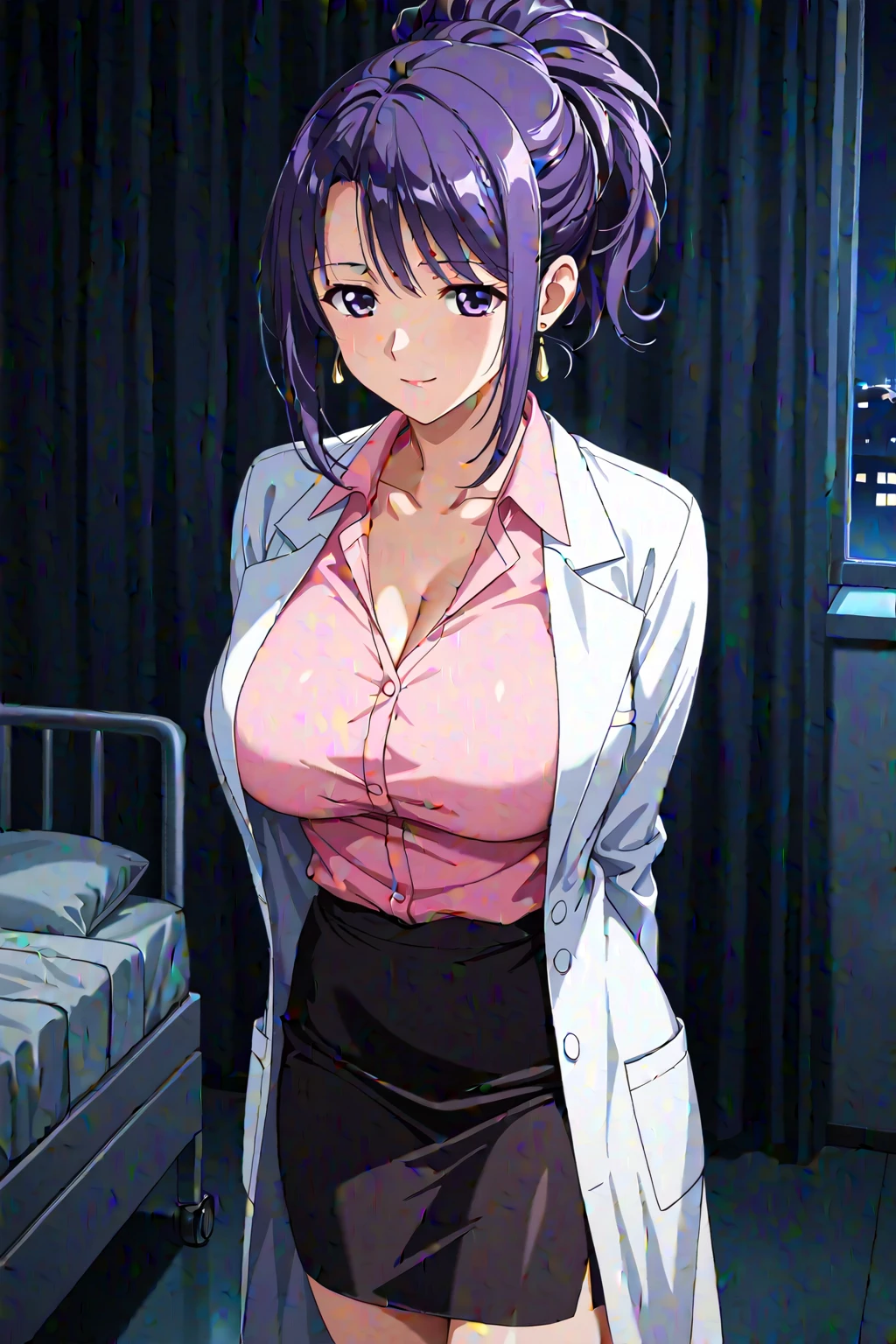 Erotic,Tolve　Gomon、Shortcuts、 Big Breasts、White open duffle coat,Purple nightgown、Female Spy、Black Background、Dimly lit bedroom ,bed、 Evil、 Erotic Sneer、Lightly open your mouth、Upper Body