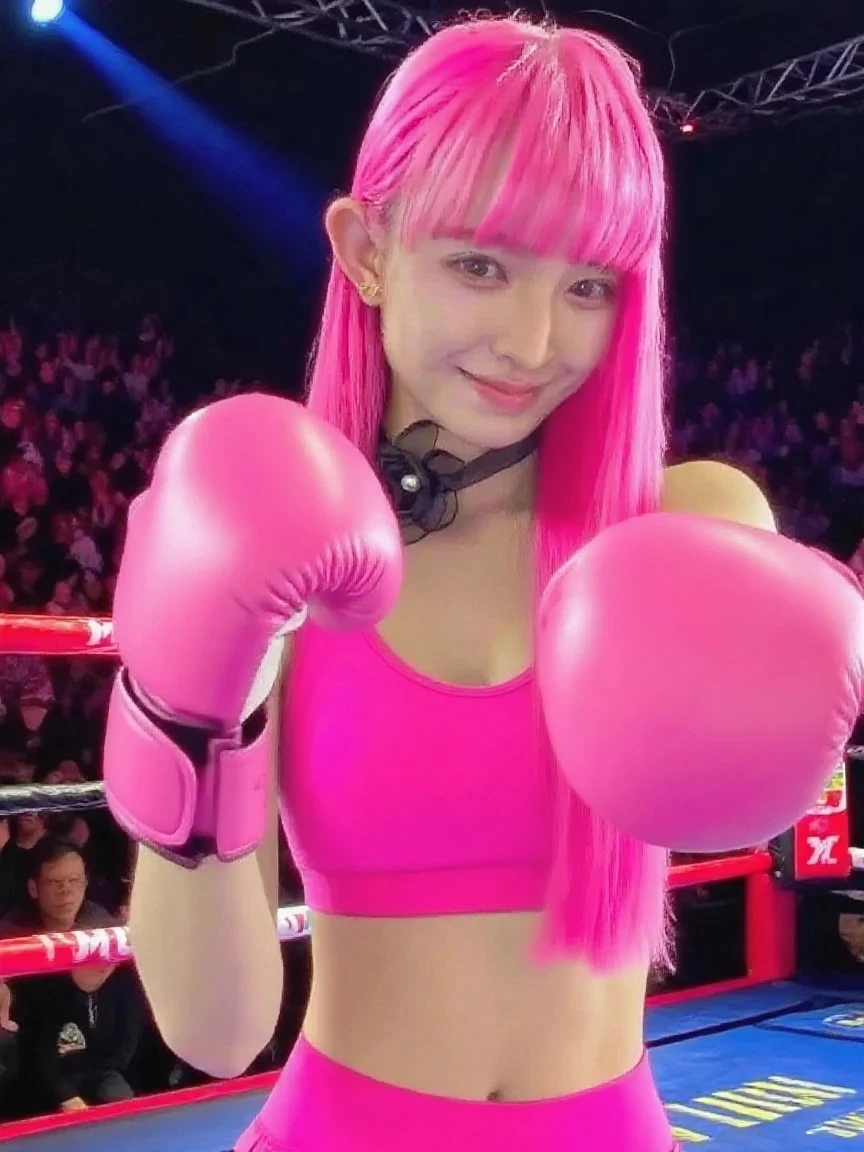18year old, ((top-quality)), ((masterpiece)), (high-detail:1.3), (upper body), (((front view))), Beautiful face, ((woman wearing pink lace-up shorts)), ((studded dog collar)), ((sweatbands)), ((pink sneakers)), ((pink hairband)), (((small breasts))), Slim waist, small buttocks, (Japanese beauty), superfine illustration, exaggerated hair, ((long rainbow-gradient hair with bangs and twintails)), (no bra!), ((barechested!), boxing ring!, ((tribal tattoo:1.1)), (((cuts and grazes on skin))), ((neon signs))
