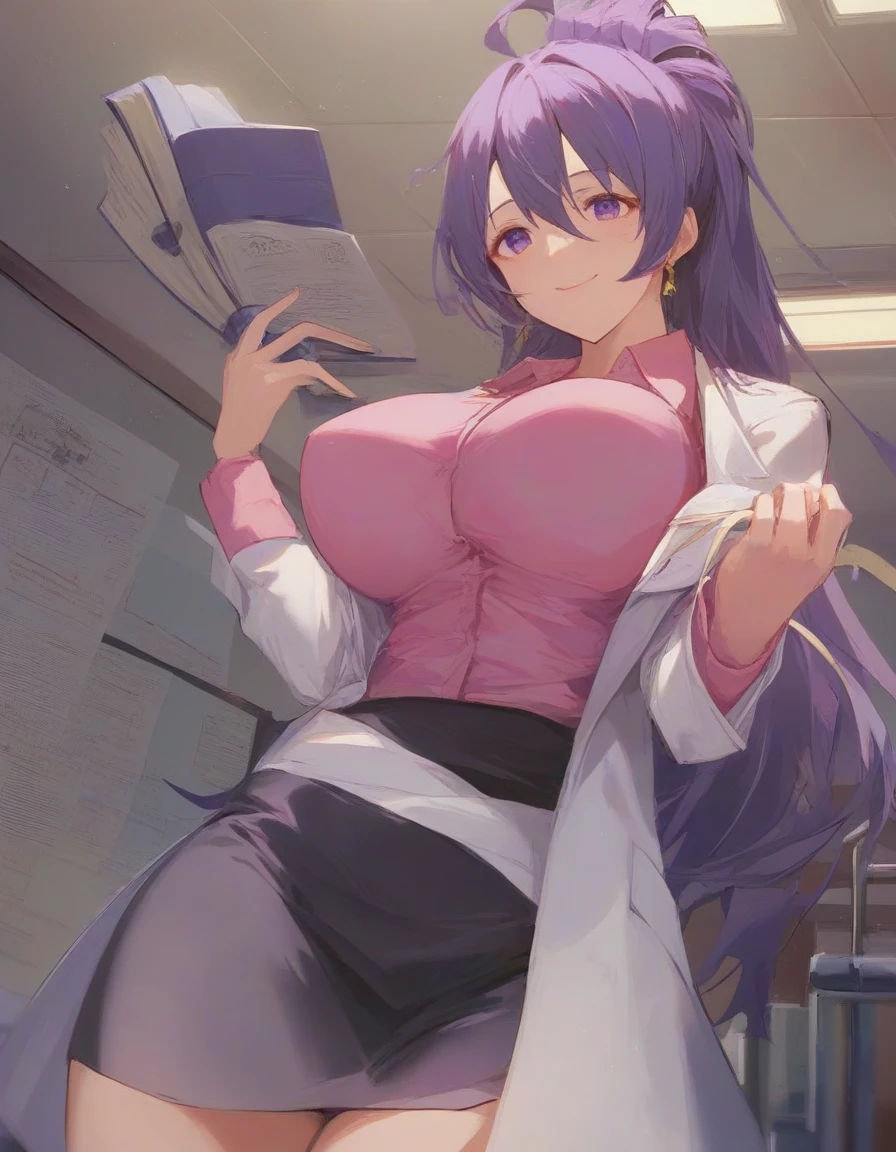 (pink bikini), lab coat, nursery room background, NJAkiV4, oda non style, anime cels style, purple eyes, best quality, high resolution, sexy pose, sitting on table, (huge breasts:1.4), cowboy shot, blush, embarrassed, smile, 1 girl, 20yo,Young female,Beautiful Finger,Beautiful long legs,Beautiful body, Beautiful Nose,Beautiful character design, perfect eyes, perfect face,expressive eyes, perfect balance, looking at viewer,(Focus on her face), official art,extremely detailed CG unity 8k wallpaper, perfect lighting,Colorful, Bright_Front_face_Lighting,White skin, (masterpiece:1.0),(best_quality:1.0), ultra high res,4K,ultra-detailed, photography, 8K, HDR, highres, absurdres:1.2, Kodak portra 400, film grain, blurry background, bokeh:1.2, lens flare, (vibrant_color:1.2),professional photograph, (Beautiful,huge_Breasts:1.4), (beautiful_face:1.5),(narrow_waist)