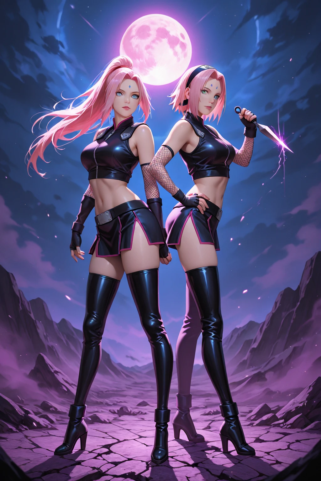 Cyberpunk genre. Young elf. She makes ahegao faces. Short dark pink hair. And pink eyes. In leather clothes, a straight short skirt and fishnet tights. She has a slim figure. She leaned sexily against the wall of the house.