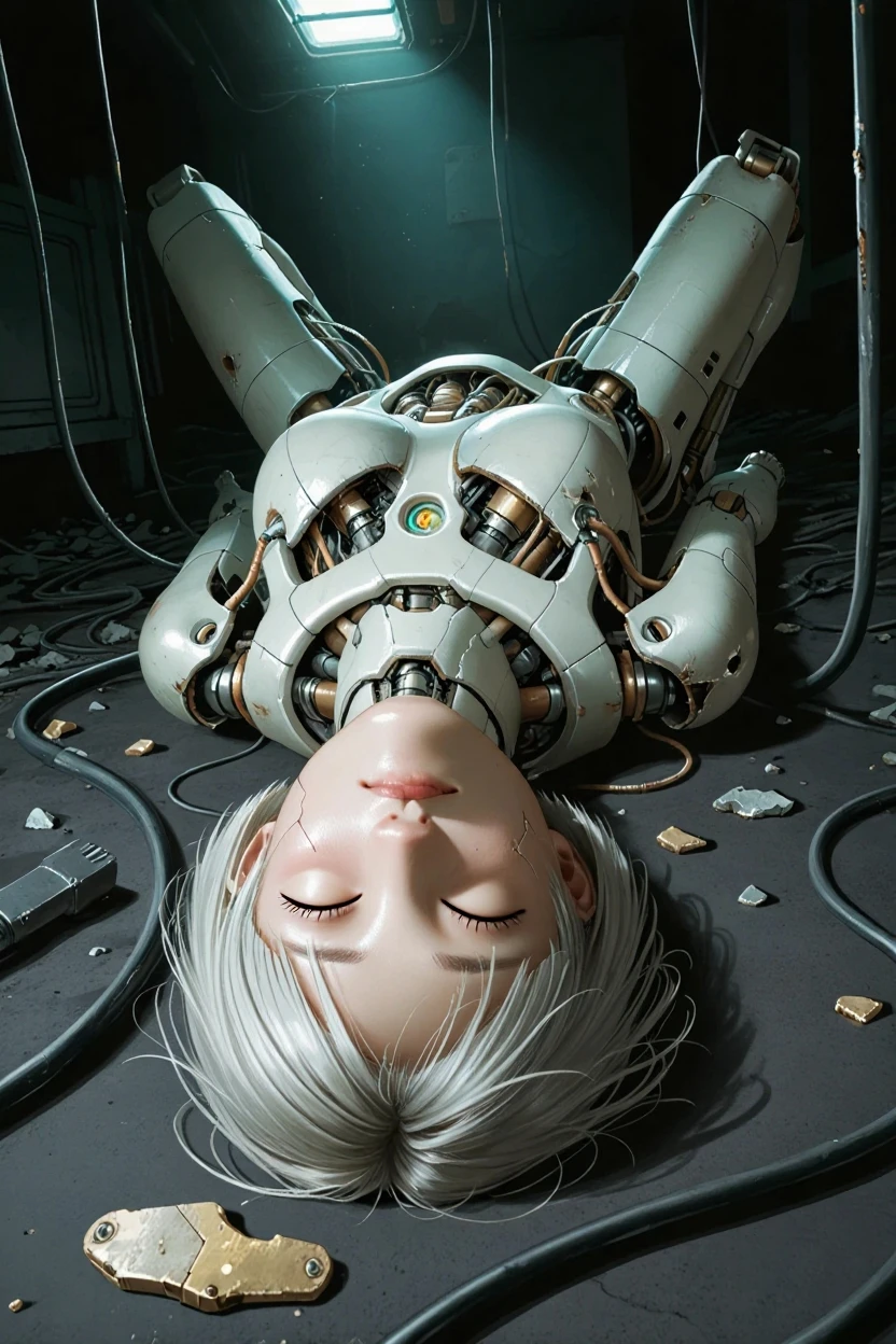 (((masterpiece))), (((highest quality))), ((Very detailed)), (Highly detailed CG illustrations), ((Very delicate and beautiful)),(Cute and delicate face),Light,((1. Machine Girl)),alone,whole body,(Machine made joints:1.4),((Mechanical Limbs)),(Muscles bulge),(Blood vessels are connected to tubes),(Brain in a container:1.3),((Mechanical vertebrae attached to the back)),((Mechanical cervical vertebrae attached to the neck)),((Sitting)),poker face,(Wires and cables attached to head and body:1.5),Small breasts,short hair,(Character Focus),SF,Lying down