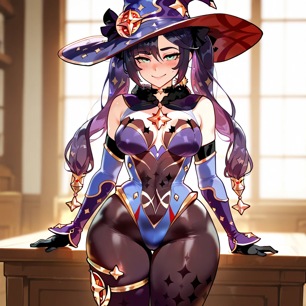 (Masterpiece), Best Quality, ultra-detailed, 1girl( mona_tpa, mcdonald's, purple hair, aqua eyes, half closed eyes, small breasts), a come-hither face, parted lips, solo, nose blush, blush, witch hat, stairs, shrine, lens flare, star_(symbol) pantyhose, highly detailed, absurdres, indoor, night time, standing, spread legs